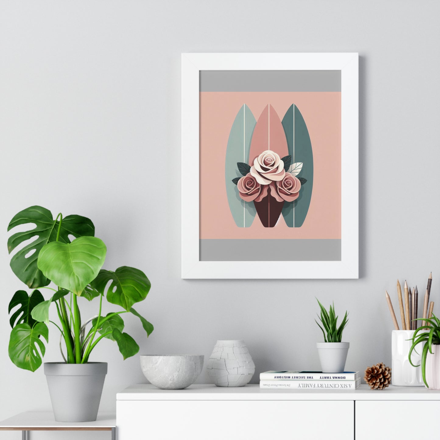 Vertical Poster - Burgundy, Matte Mauve & Teal Surfboard & Roses Wall Art