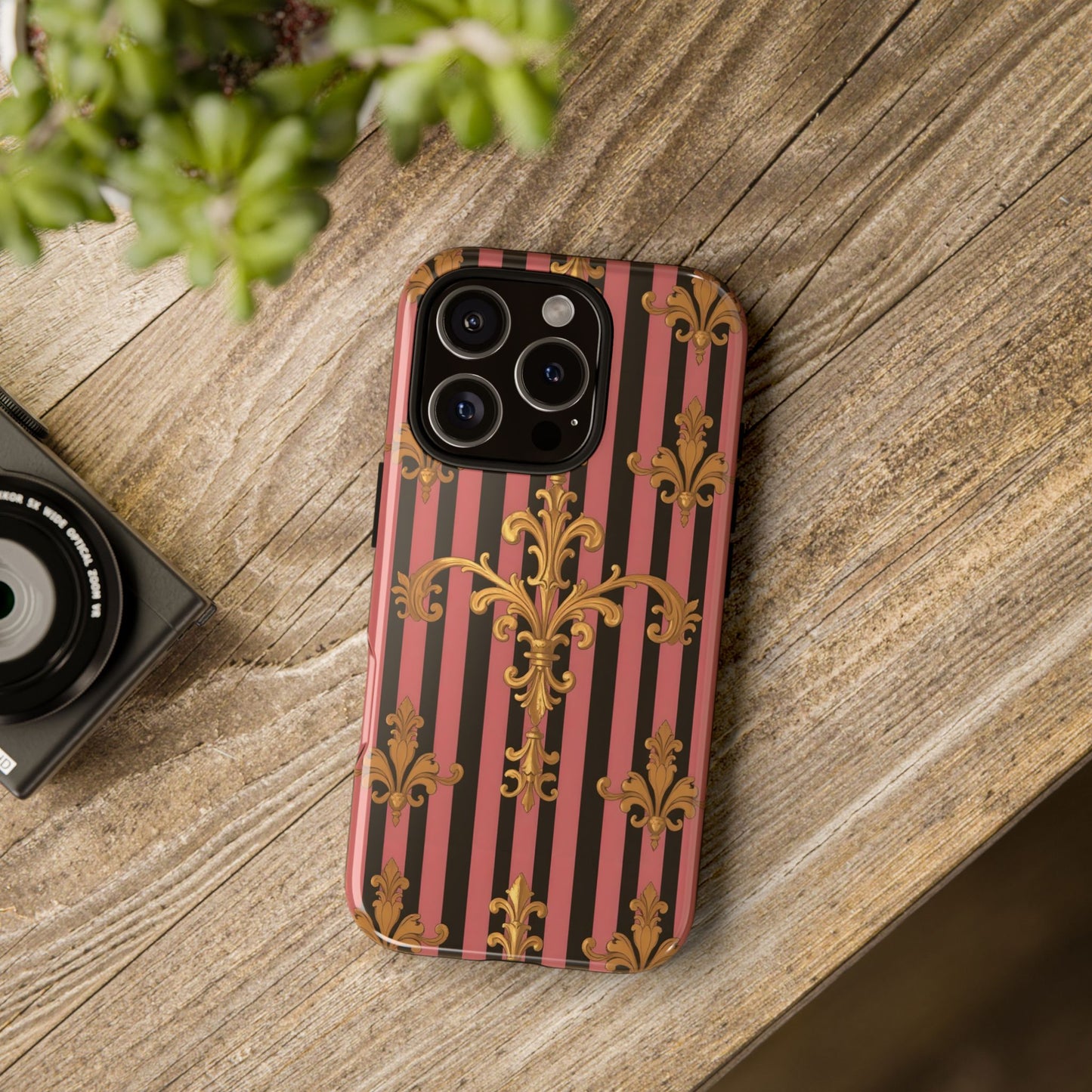 Elegant Floral Motif Phone Case - Tough Cases with Vintage Design - Mauve Striped Gold Damask