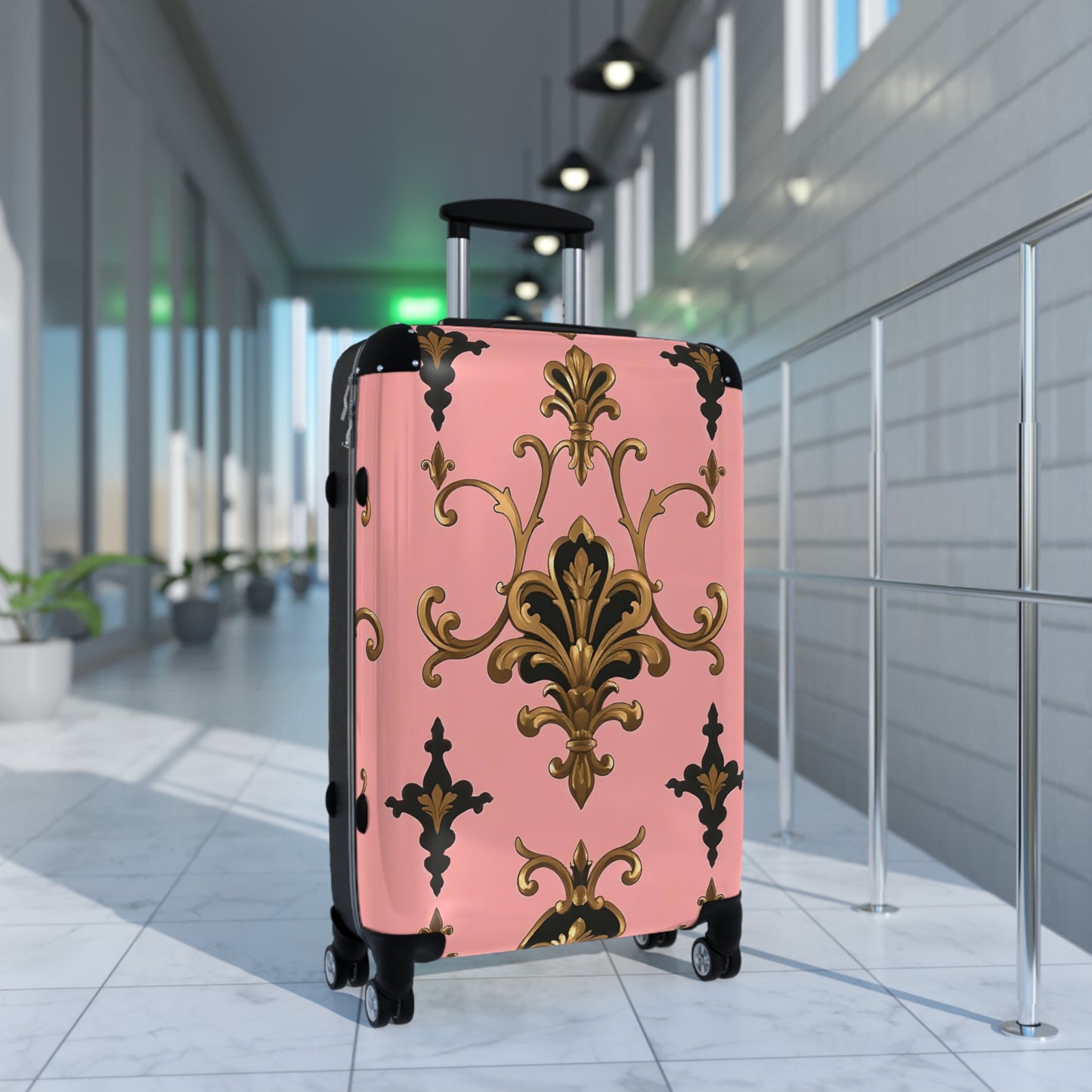 Elegant Pink Floral Suitcase, Travel Luggage, Stylish Carry-On Bag, Personalized Gift for Travelers - Pink, Black & Gold Rococo