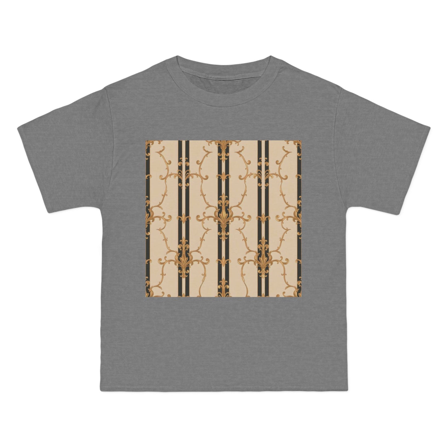 Stylish Graphic Tee for Casual Wear, Fashionable Short-Sleeve Shirt, Unique Summer Top - Black & Beige Striped Damask