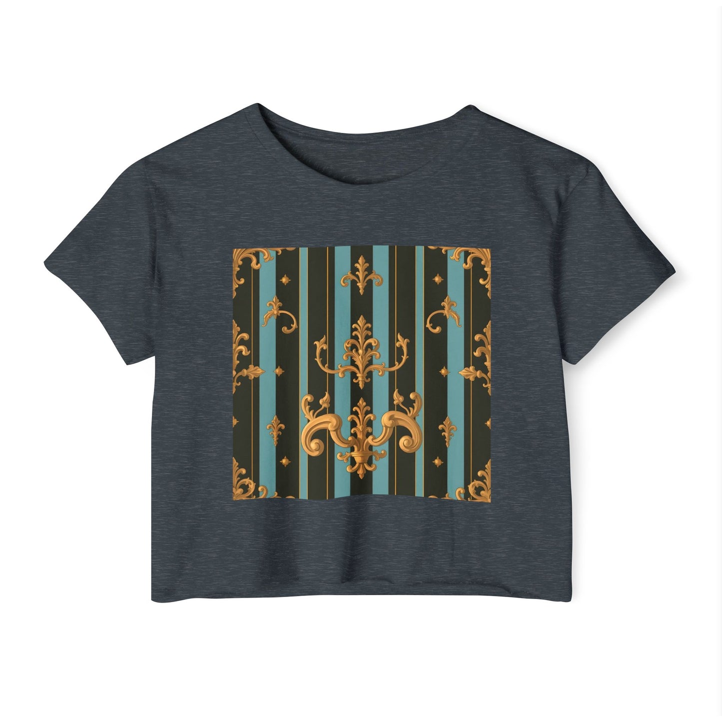 Boho Festival Crop Top, Trendy Summer Top, Stylish Women’s Crop Tee, Perfect for Music Festivals, Casual Wear - Black & Turquoise Striped Baroque