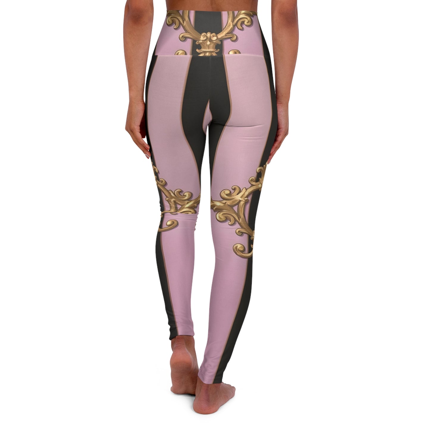 Elegant AOP High Waisted Yoga Leggings - Fashionable Activewear for Workouts, Athleisure, Yoga Classes - Matte Lavender & Black Striped Gold Baroque