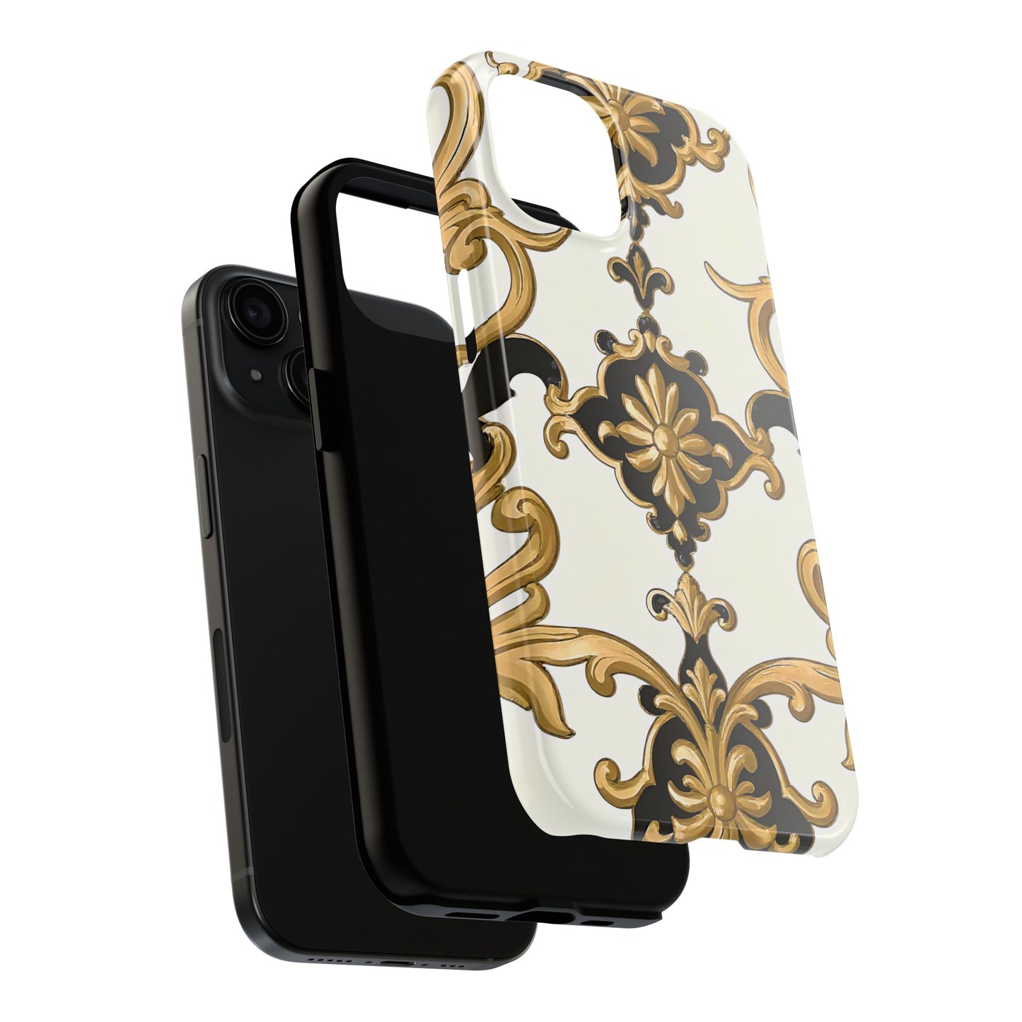 Elegant Floral Tough Phone Cases, Durable Phone Cover, Stylish Phone Accessories, Gift for Her, Chic Phone Cases - Black & Gold Rococo