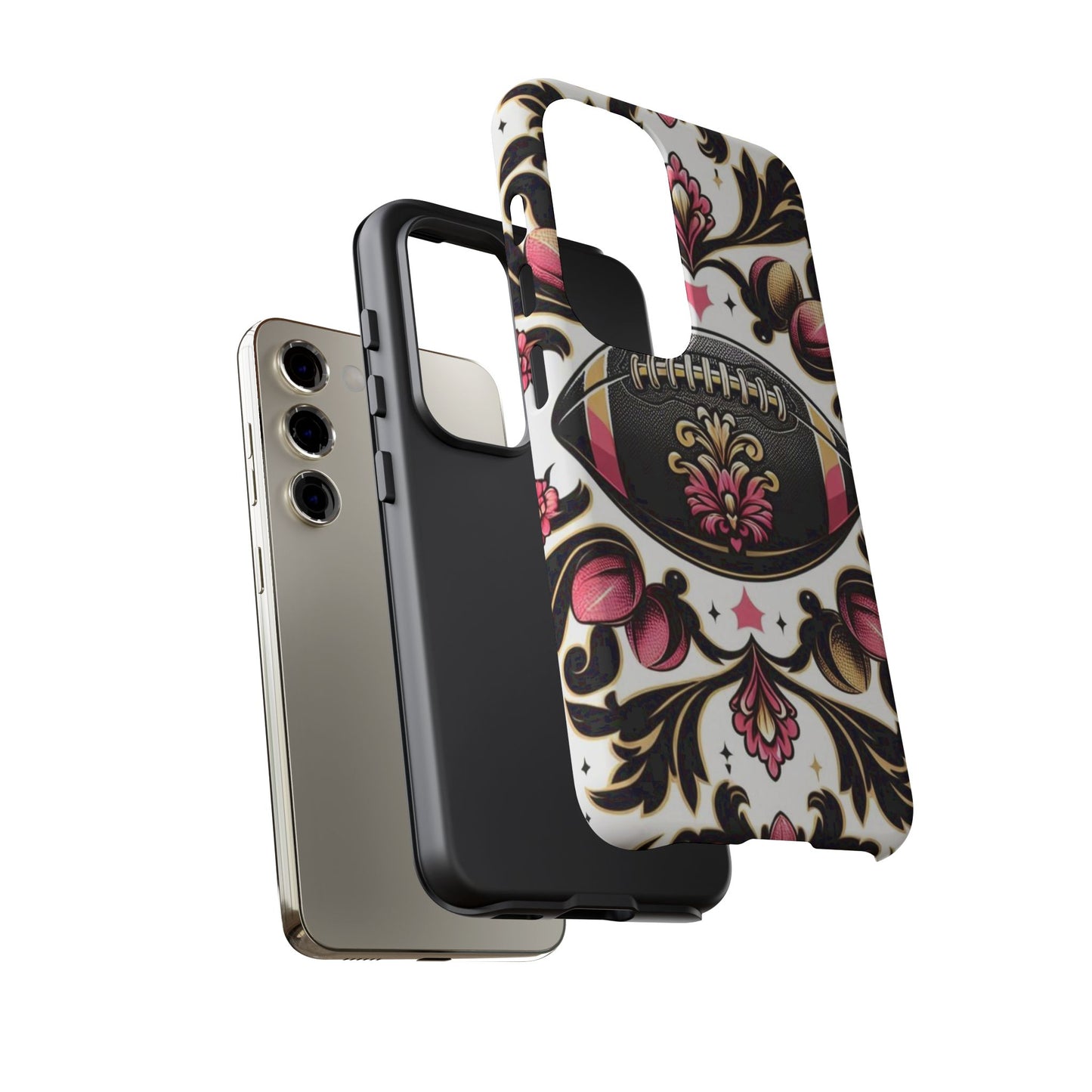 Elegant Floral Motif Phone Case - Tough Cases with Vintage Design - Damask White, Pink Gold & Black Football