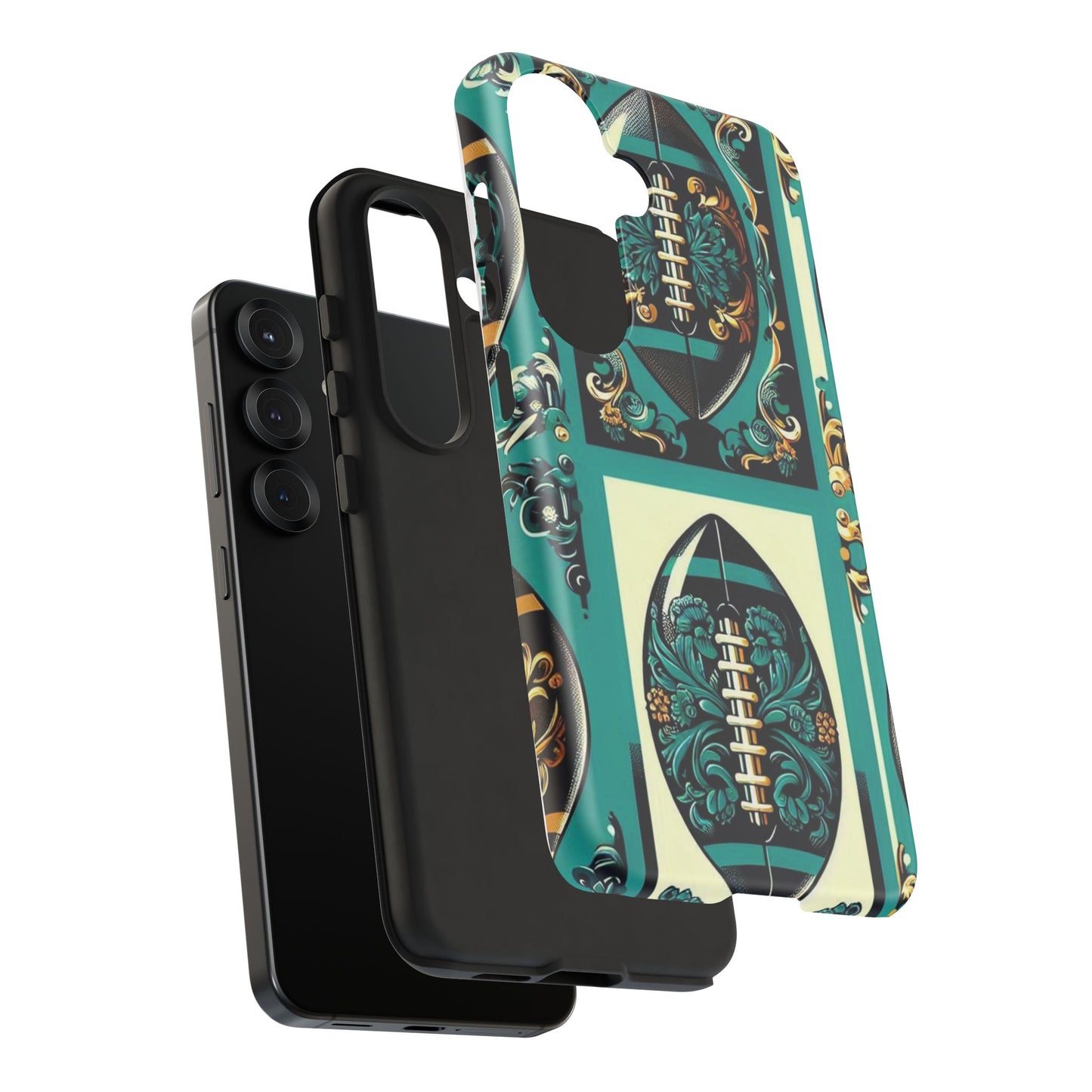 Elegant Floral Motif Phone Case - Tough Cases with Vintage Design -  Damask Teal, Gold & Black Footballs
