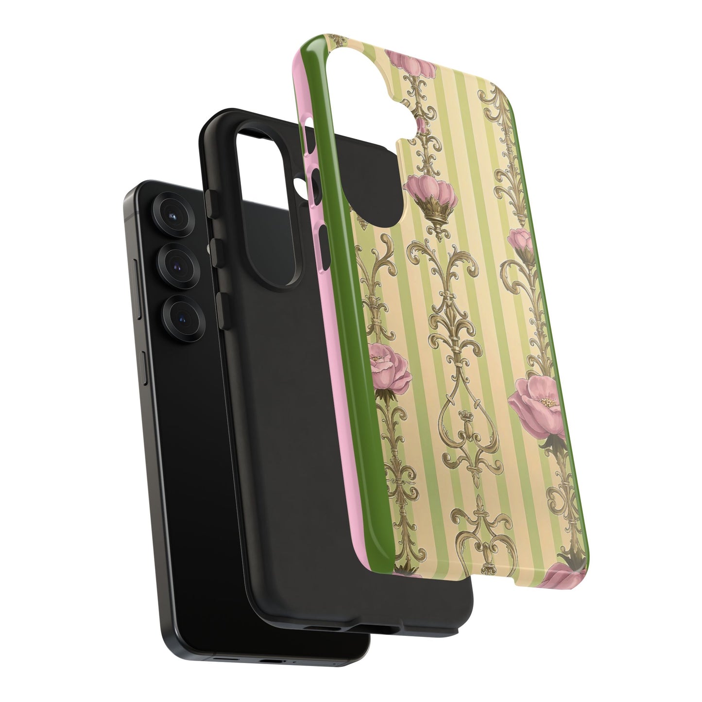 Elegant Floral Motif Phone Case - Tough Cases with Vintage Design - Lime Green & Pink Striped Damask