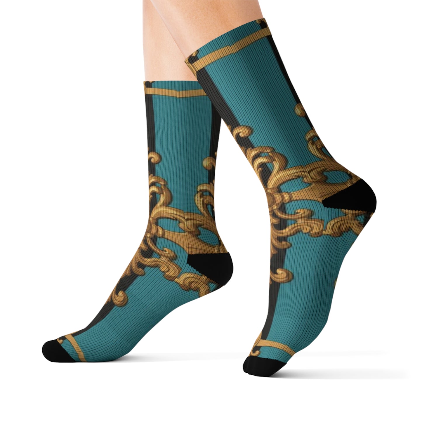 Elegant Turquoise & Black Striped Gold Baroque Patterned Unisex Sublimation Socks, Fashionable Socks, Unique Gift for Her & Him