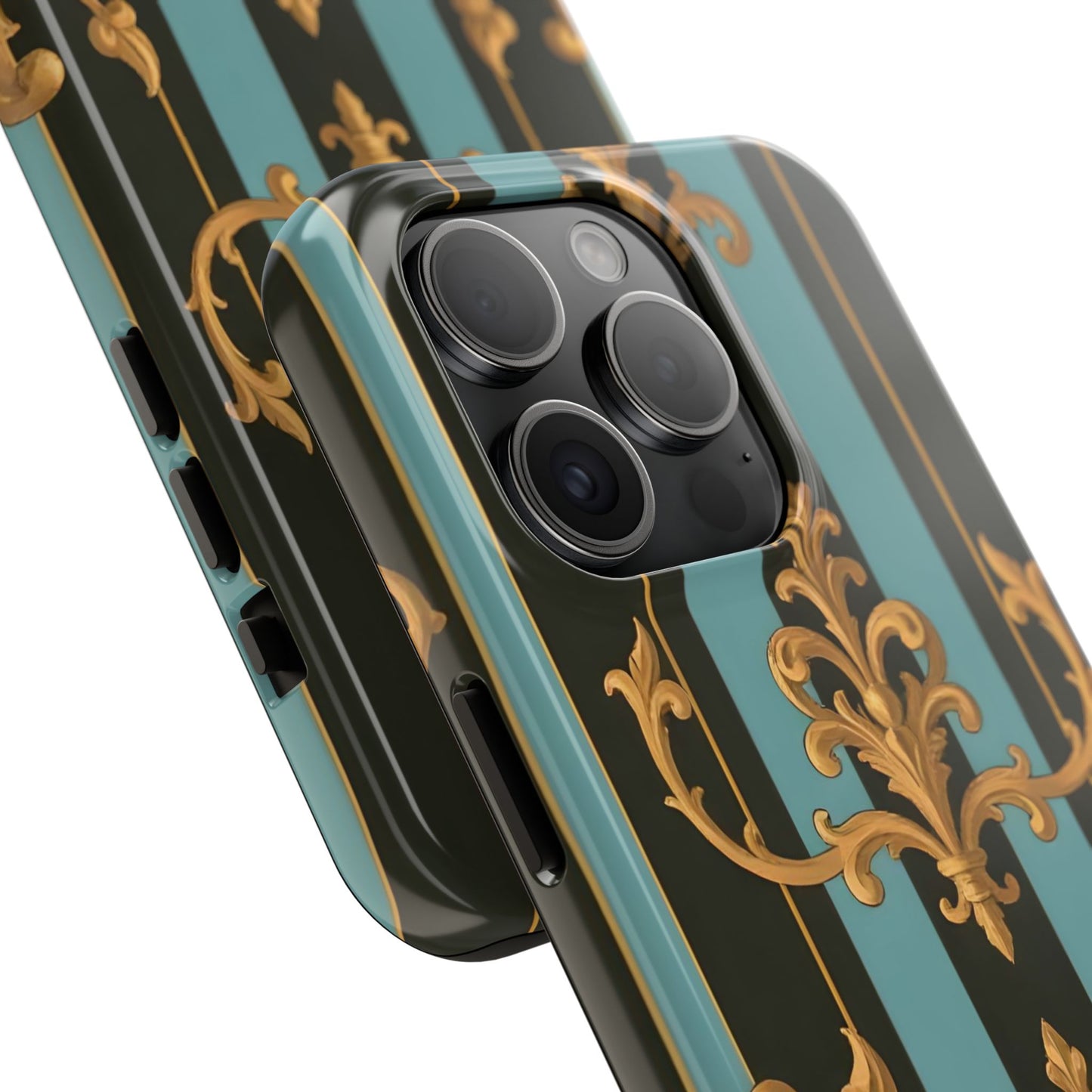 Elegant Baroque Tough Phone Case, Stylish Phone Cover, Durable iPhone Case, Unique Gift - Black & Turquoise Striped Baroque