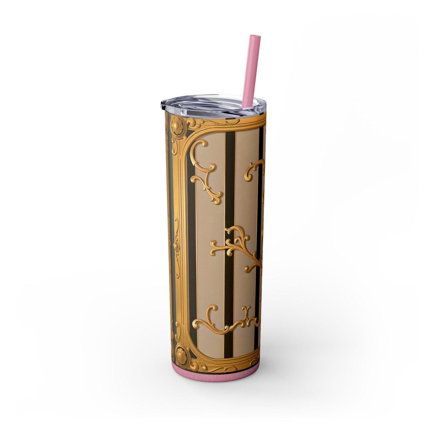 Skinny Tumbler with Straw, 20oz - Beige Striped Gold Rococo
