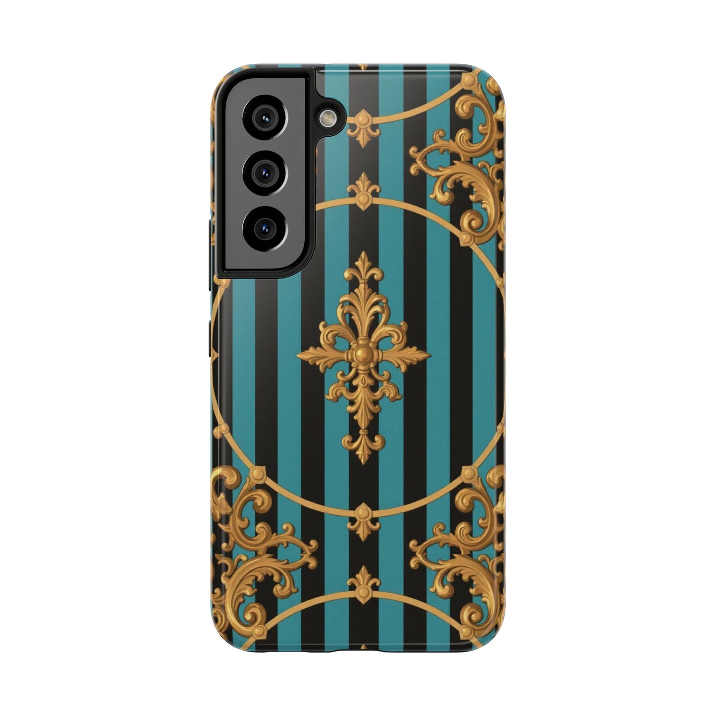 Elegant Turquoise & Black Striped Gold Baroque Phone Case, Tough Phone Cases for Fashion Lovers, Gift for Her, Luxury Accessories