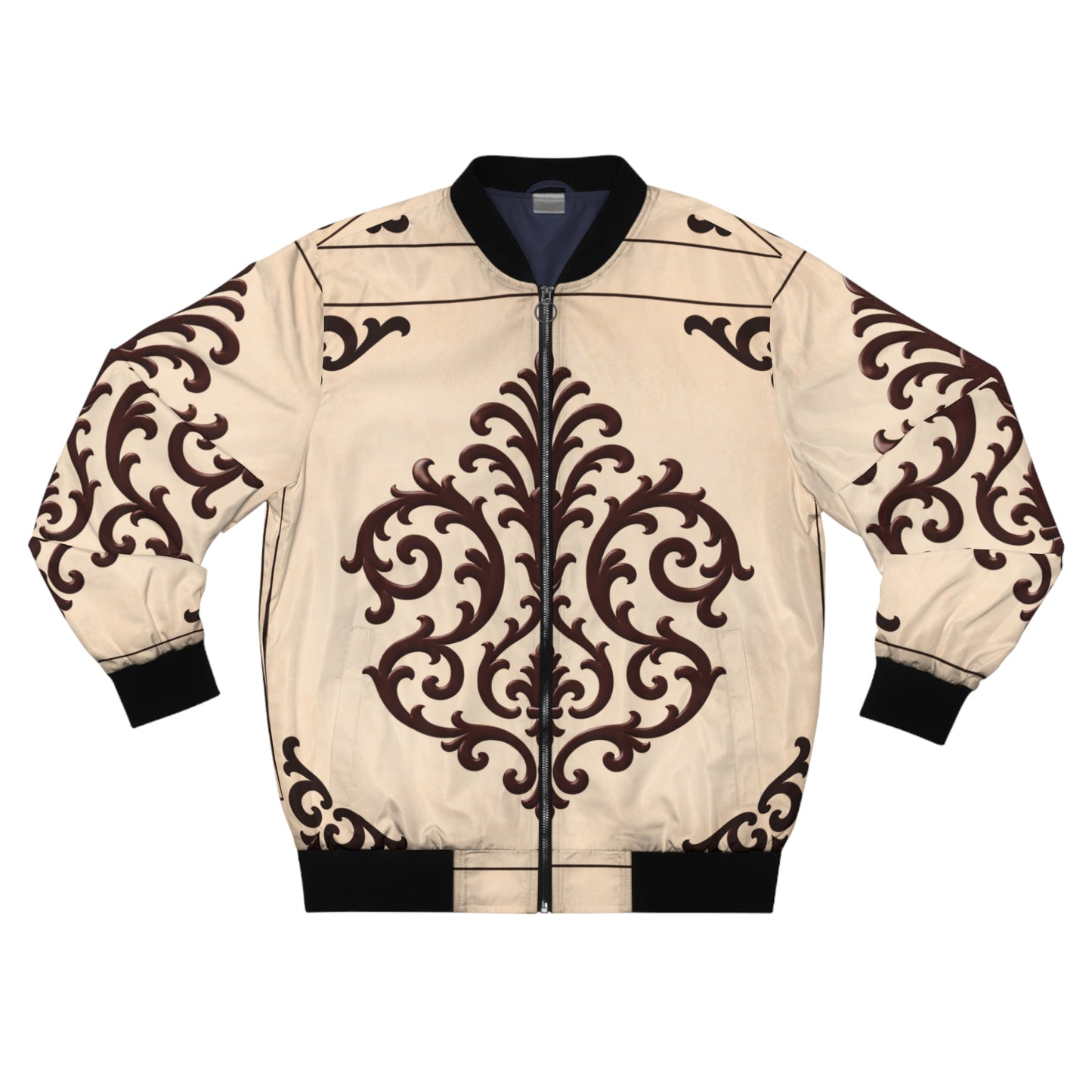 Almond-Beige & Brown Baroque Ornate Bomber Jacket