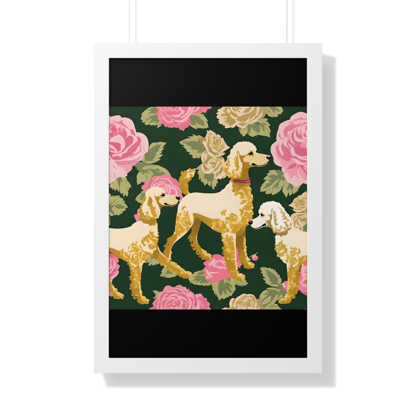 Vertical Poster - Stylish Framed - Art for Home Decor - Poodles In Dark Green & Pink Roses