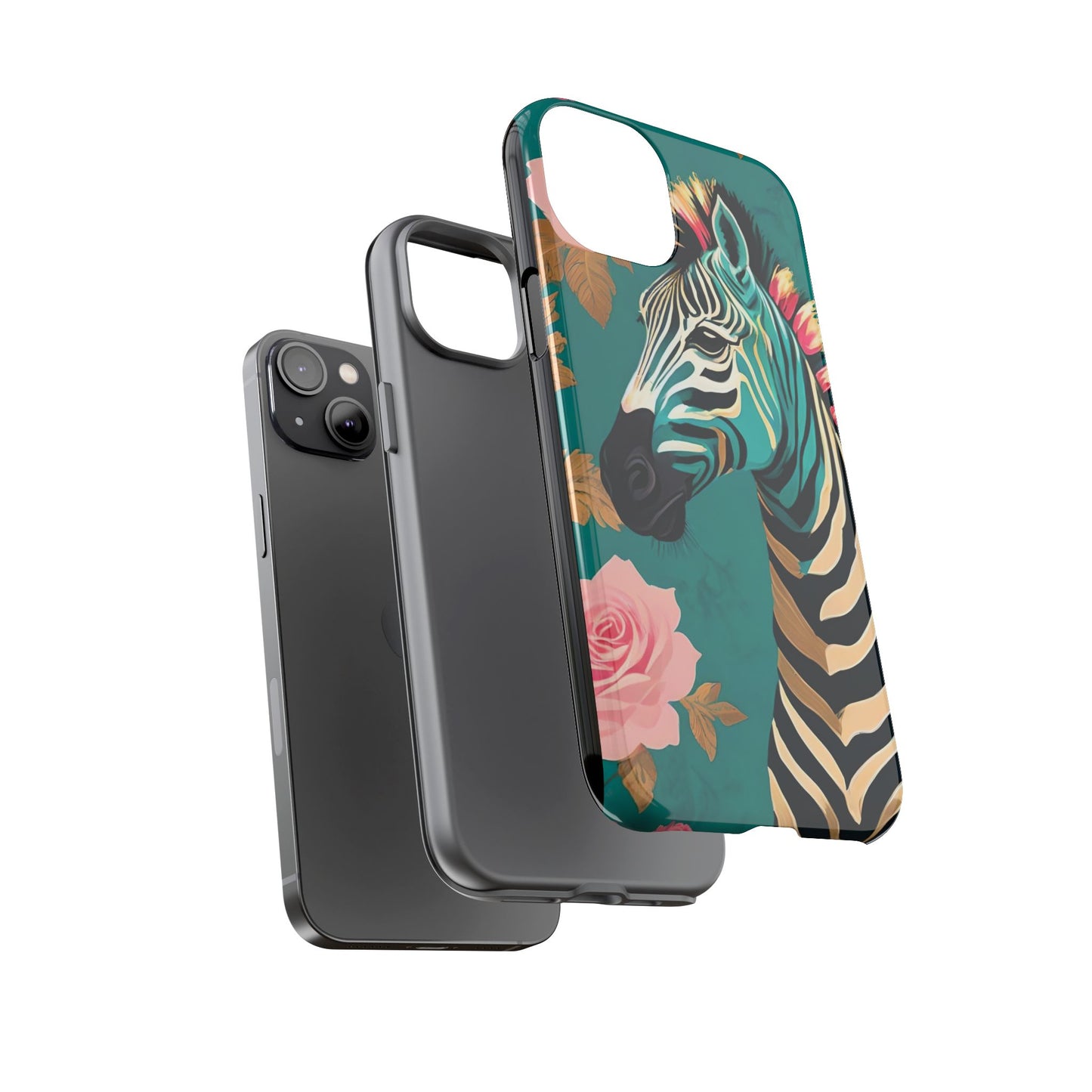 Phone Case - Elegant Teal & Gold Zebra & Roses Design