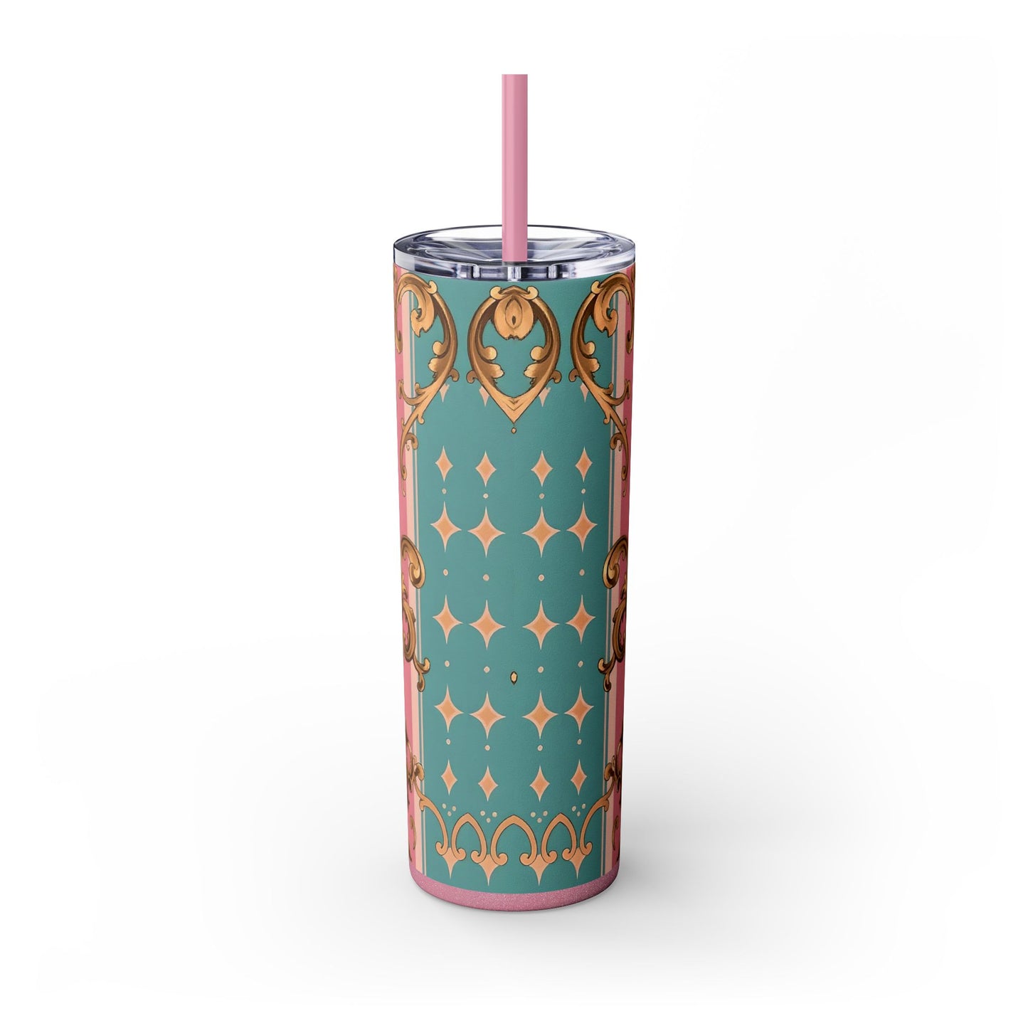 Elegant Floral Skinny Tumbler, 20oz Travel Mug, Stylish Drinkware, Perfect Gift for Her, Vintage Inspired - Pink & Matte Turquoise Striped Rococo