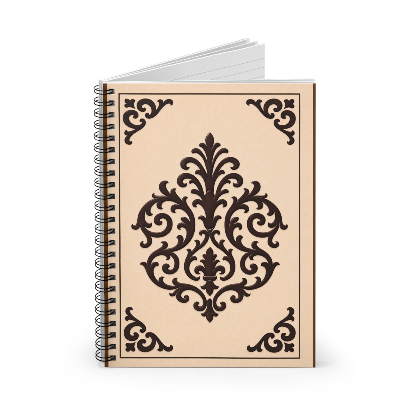 Almond-Beige & Brown Baroque Spiral Notebook — Lined Journal for Notes & Sketches