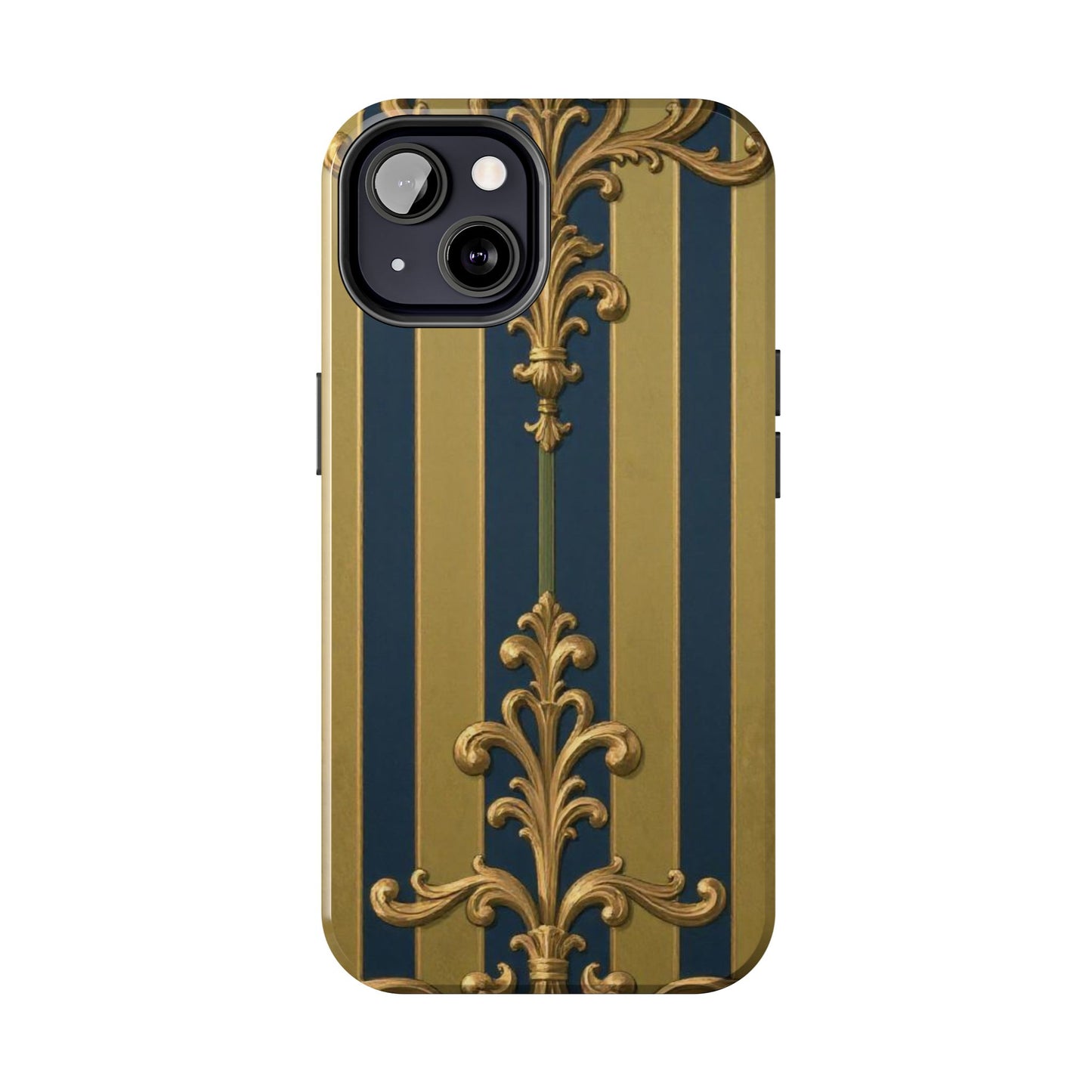 Elegant Midnight Blue & Olive Striped Gold Baroque Tough Phone Case, Phone Cover, Durable Case for Protection, Stylish Gift for Him/Her