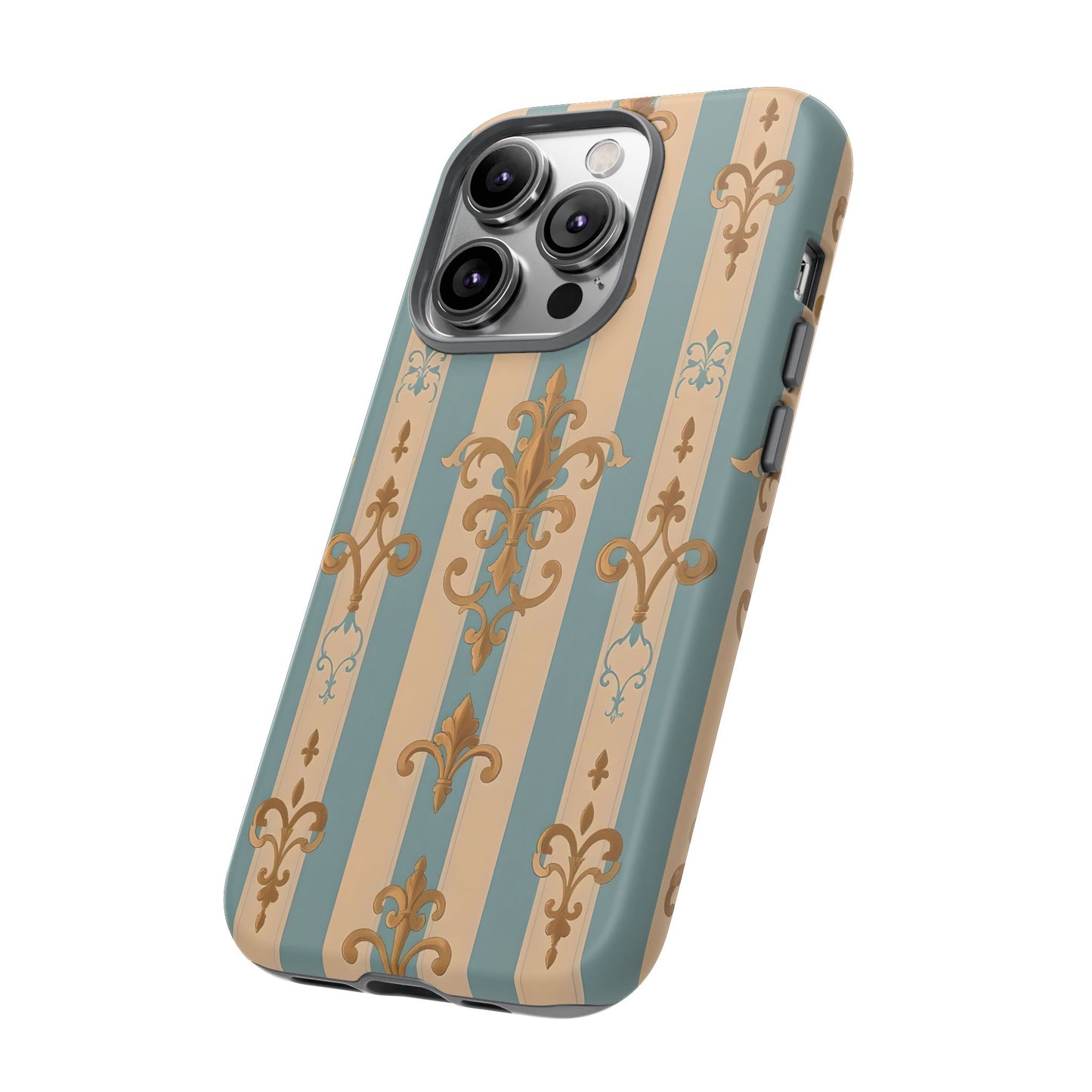 Elegant Floral Motif Phone Case - Tough Cases with Vintage Design -  Beige & Sky Blue Striped Gold Damask