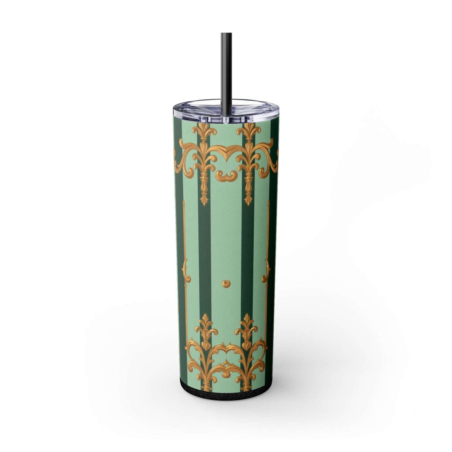 Elegant Floral Skinny Tumbler with Straw, 20oz – Stylish Travel Mug, Eco-Friendly Reusable Cup - Mint Green & Teal Striped Gold Baroque