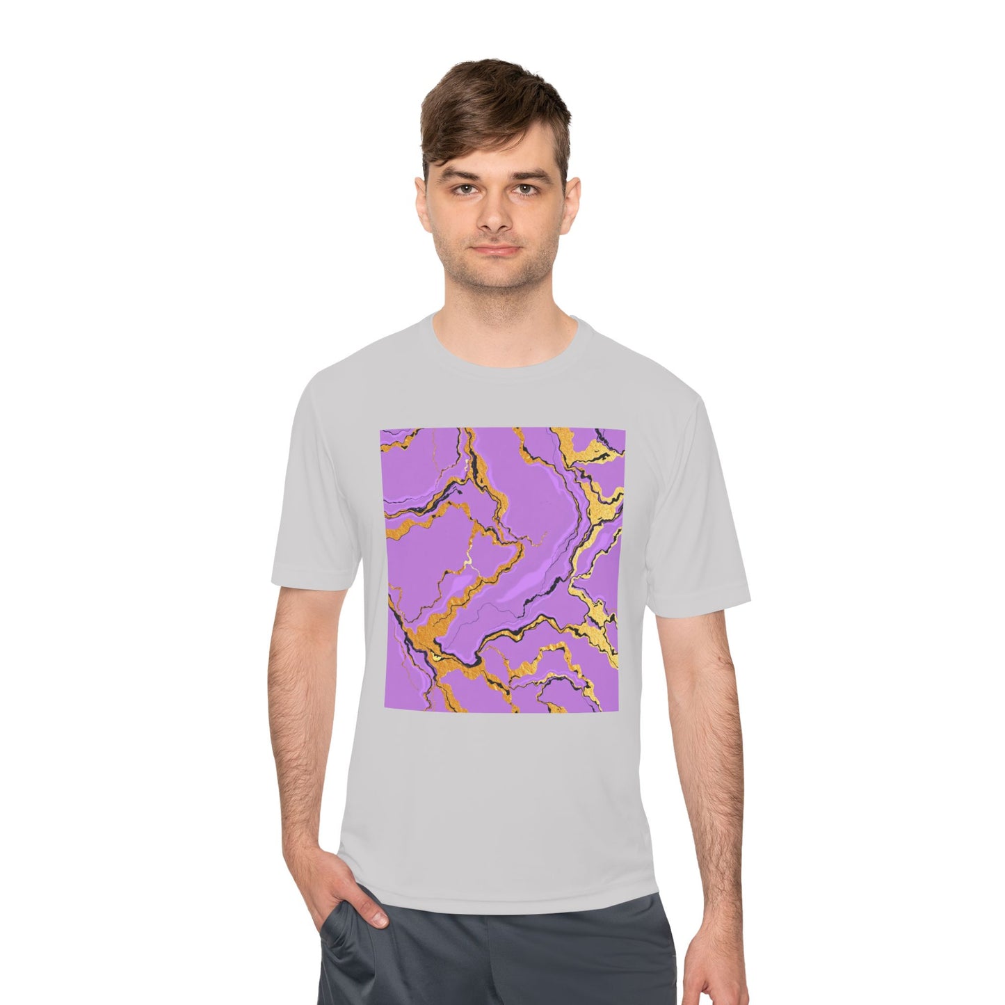 Unisex Moisture-Wicking Tee with Purple and Gold Marble Design - Athletic Shirt, Casual Wear, Fitness Apparel, Summer Style, Gift Idea