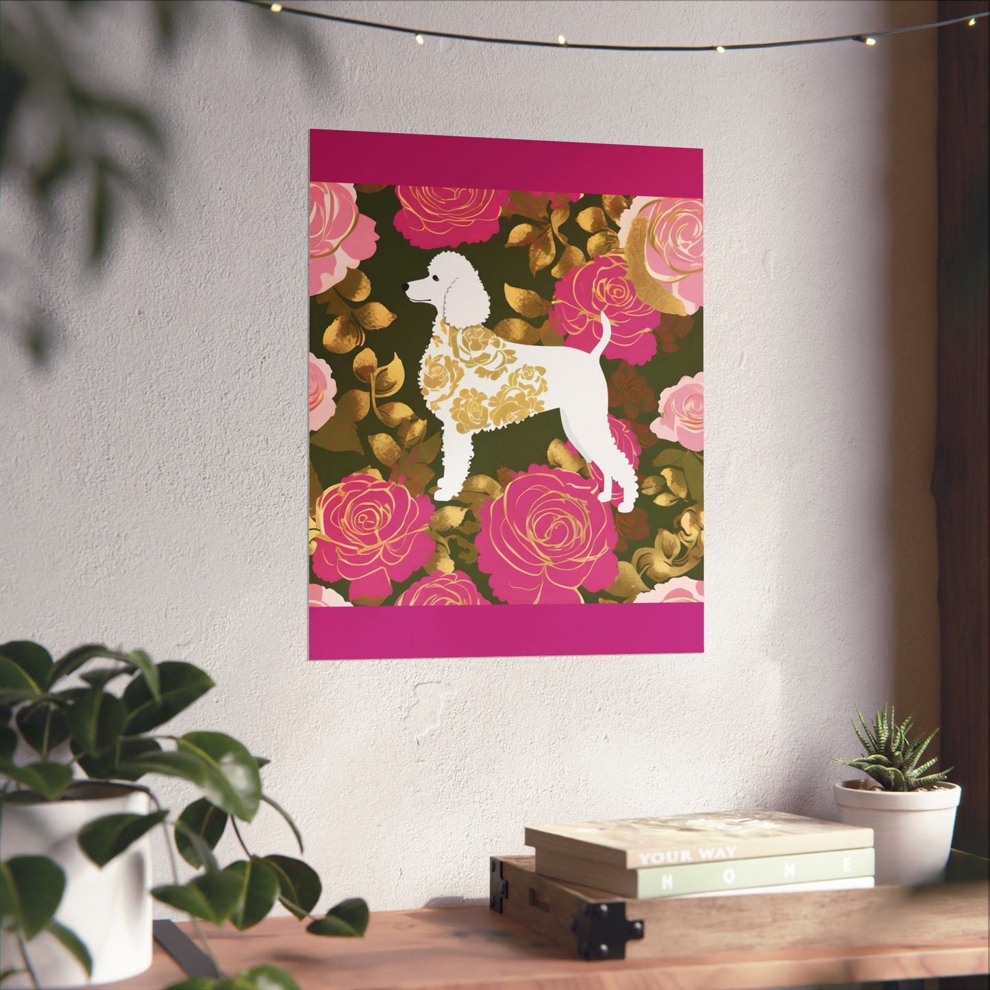 Vertical Poster - Elegant Matte Floral Art Wall Decor - Damask White Poodle and Pink Roses