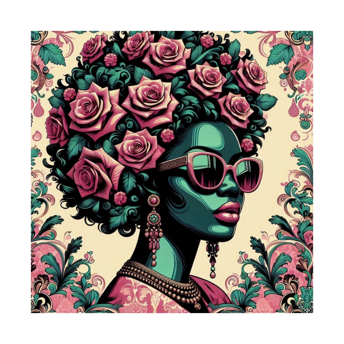 Floral Afro Art Poster - Elegant Matte Vertical Wall Decor - Teal Lady With Damask & Roses