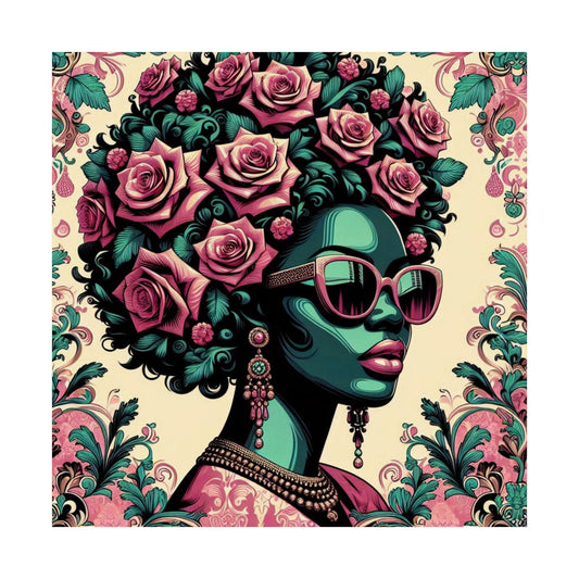 Floral Afro Art Poster - Elegant Matte Vertical Wall Decor - Teal Lady With Damask & Roses