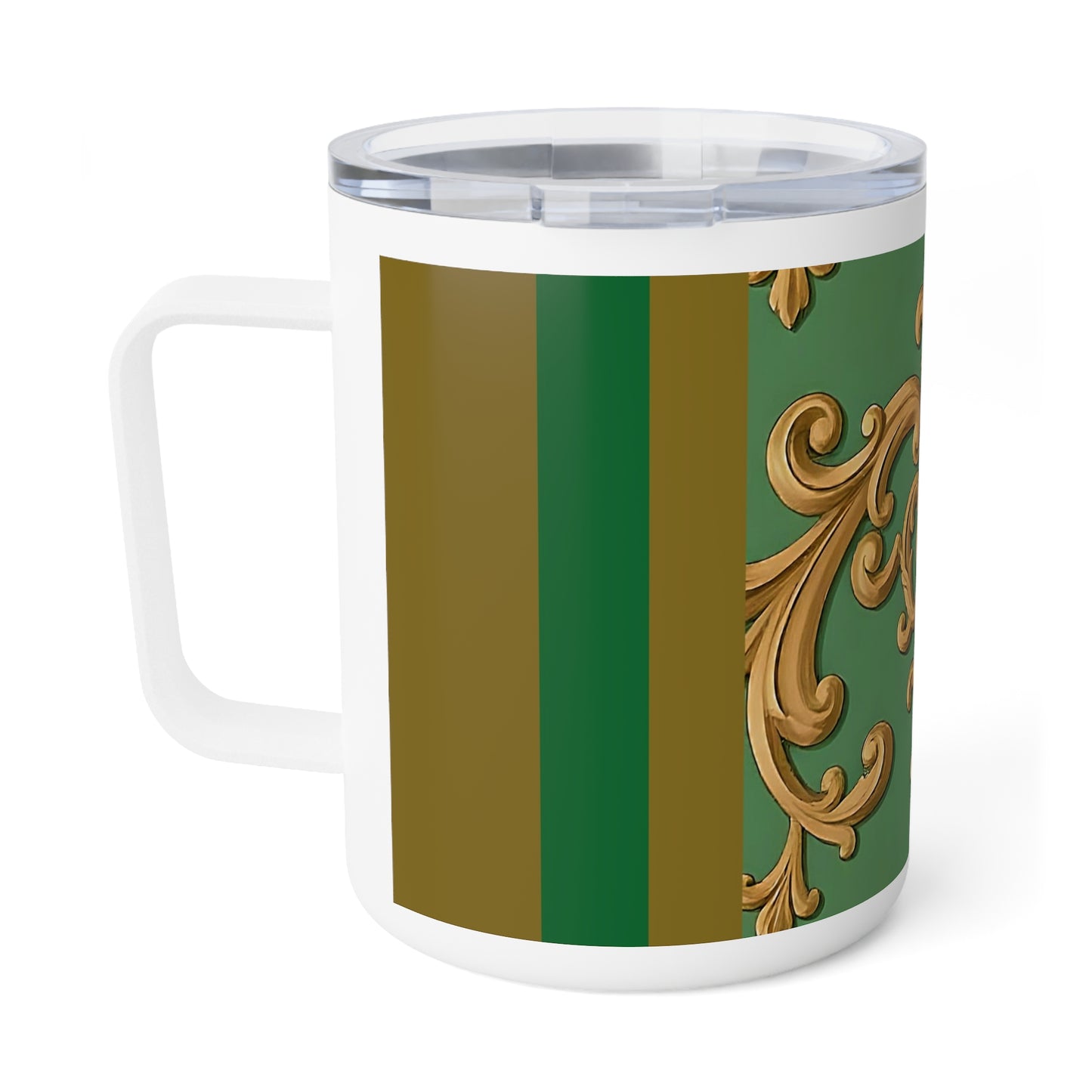 Elegant Insulated Coffee Mug | Luxe Green & Gold Design, Perfect Gift for Tea Lovers, Home Decor, Unique Wedding Favors - Olive Green Striped Rococo