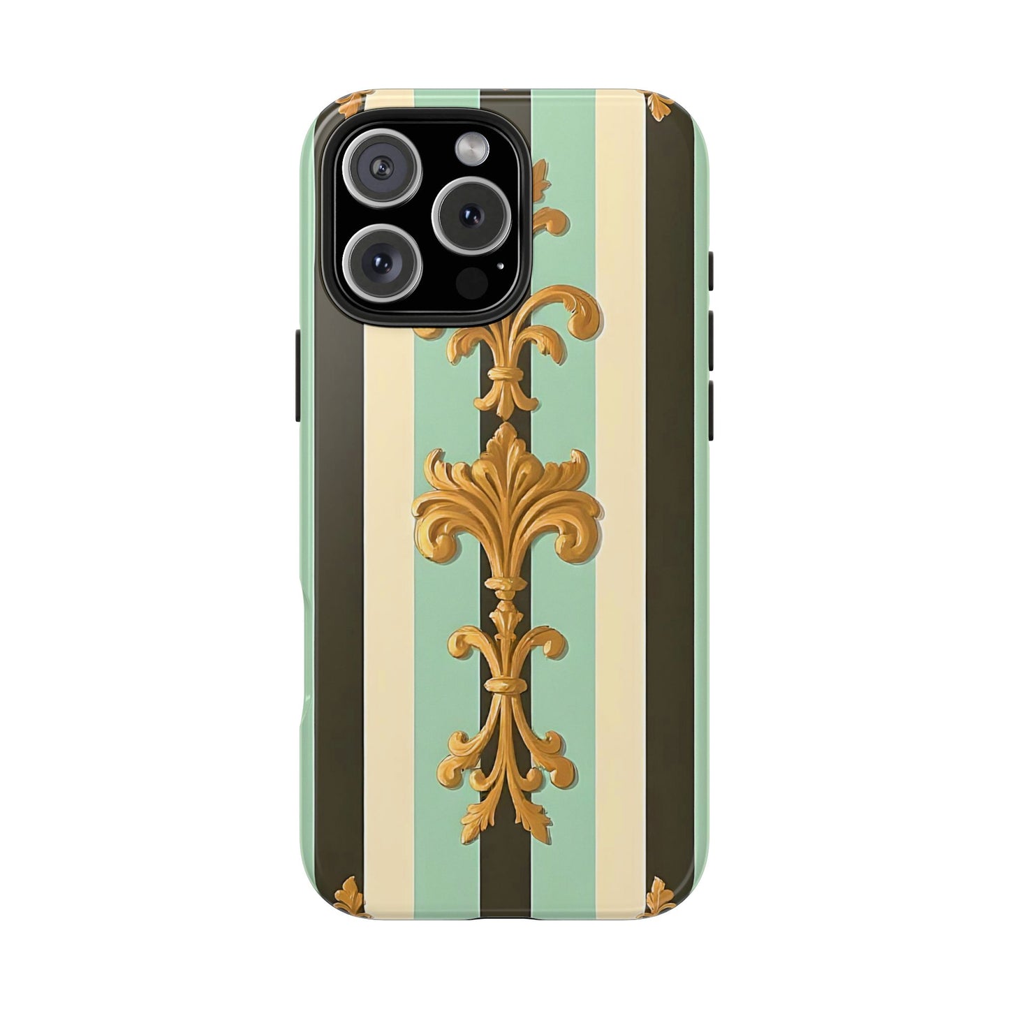 Elegant Floral Tough Phone Cases - Stylish Protection for All Occasions, Gifts for Her, Phone Covers - Black & Matte Mint Striped Rococo