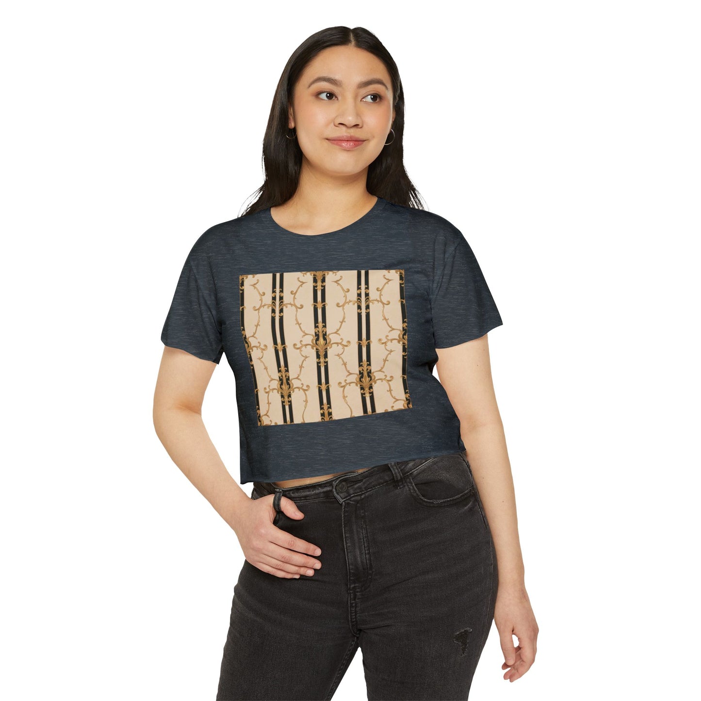 Festival Crop Top, Stylish Summer Tee, Trendy Women's Shirt, Festival Wear, Perfect for Music Events - Black & Beige Striped Damask