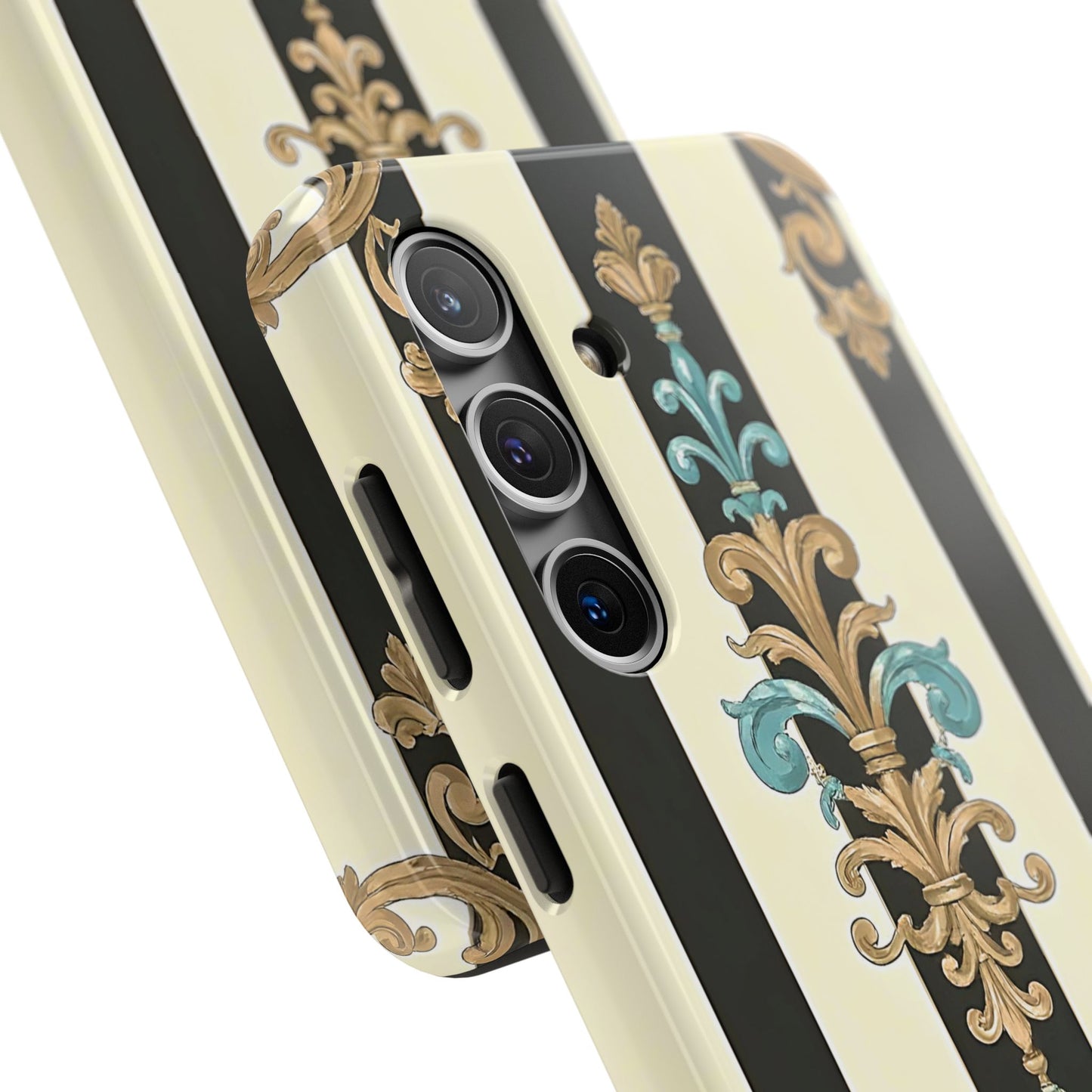 Elegant Vintage Tough Phone Cases, Stylish Phone Accessories, Quality Protection, Gifts for Her - Black Striped Turquoise & Black Rococo