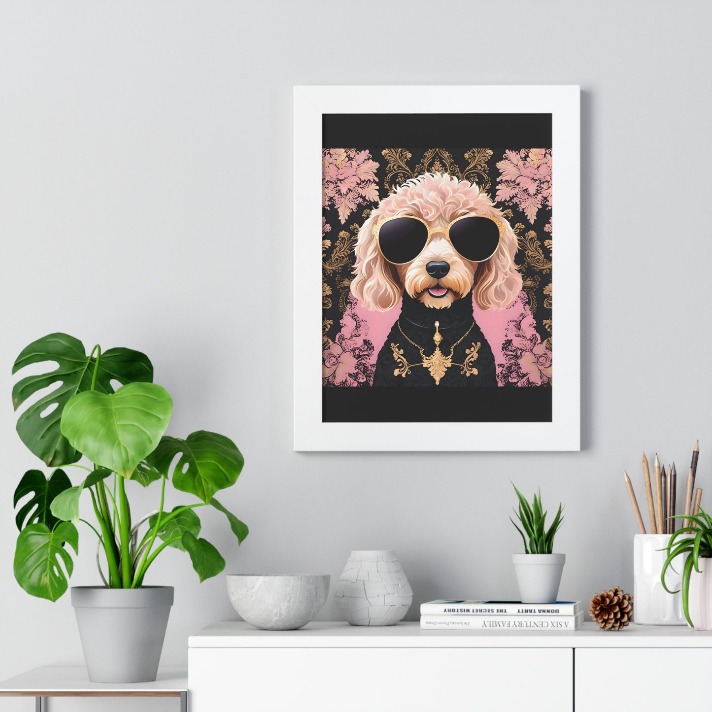 Vertical Poster - Golden Doodle in Damask and Shades - Wall Art - Kid Friendly