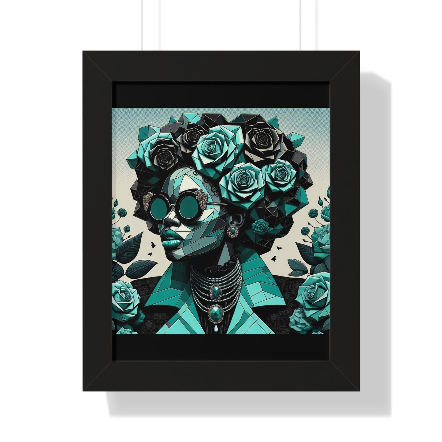 Framed Art Poster, Bohemian Home Decor, Wall Art for Living Room, Gift for Art Lovers, Unique Framed Wall Decor - Turquoise & Black Roses Lady
