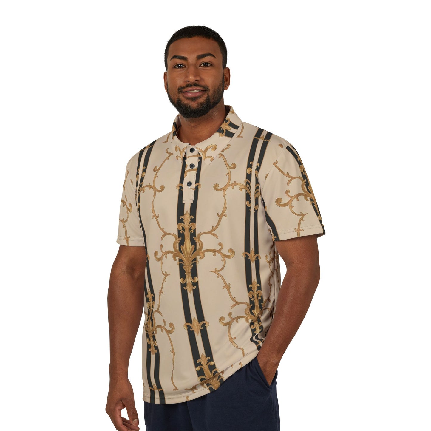 Stylish Unisex Polo Shirt with Golden Baroque Design, Casual Elegance for Men and Women - Black & Beige Striped Damask