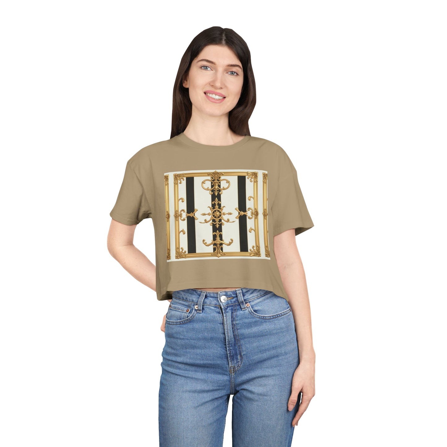 Chic Gold Baroque Women's Crop Tee, Stylish Summer Top, Fashionable Gift for Her, Casual Fashion - Black & White Striped Gold Baroque