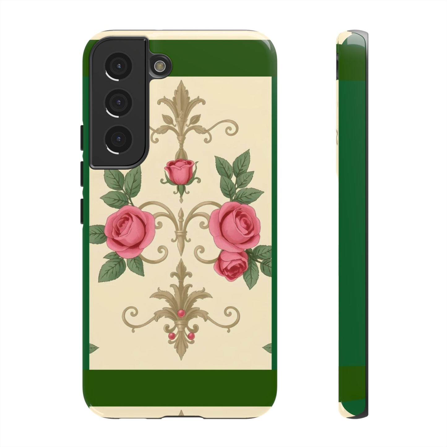 Elegant Floral Motif Phone Case - Tough Cases with Vintage Design - Green Border Roses & Damask
