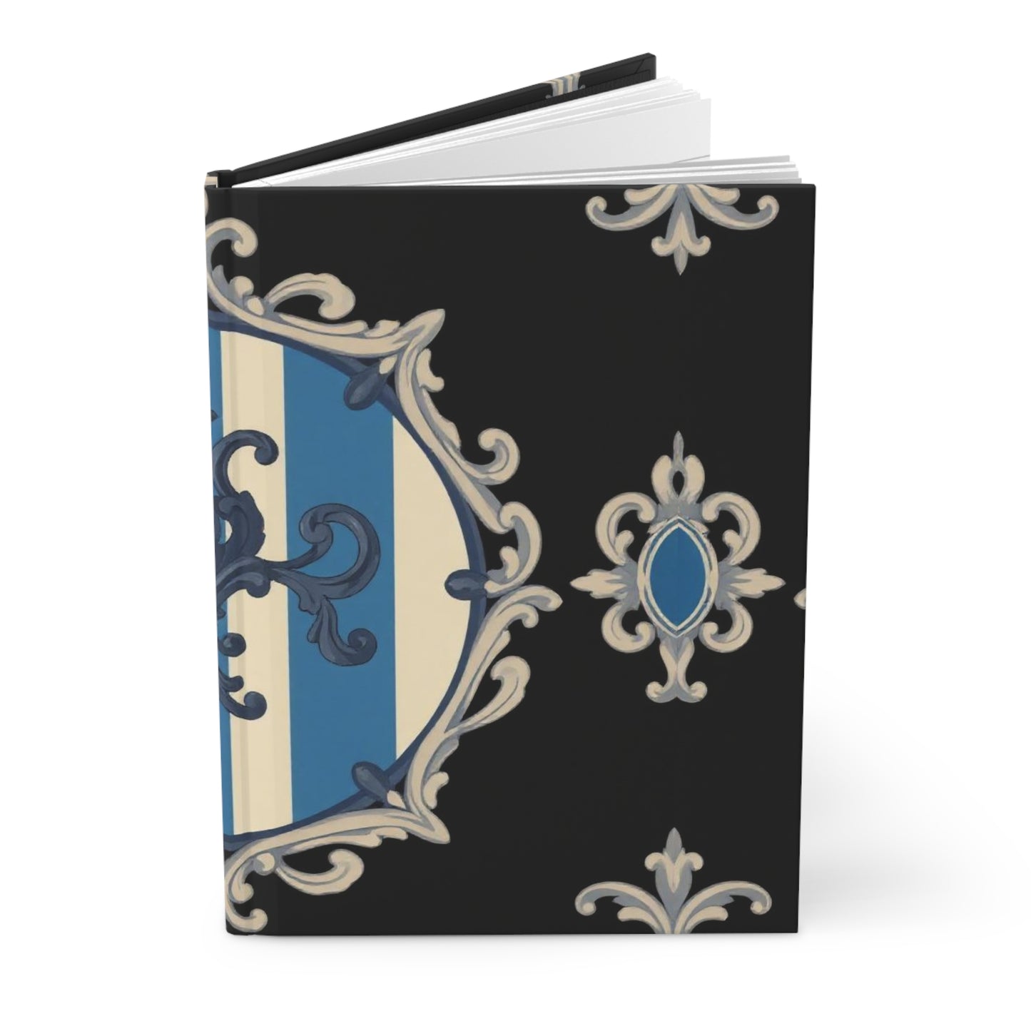 Elegant Blue & Alabaster Striped Baroque Hardcover Journal - Luxurious Matte Finish, Perfect for Office, Gift, Travel, Note Taking, Wedding Planning