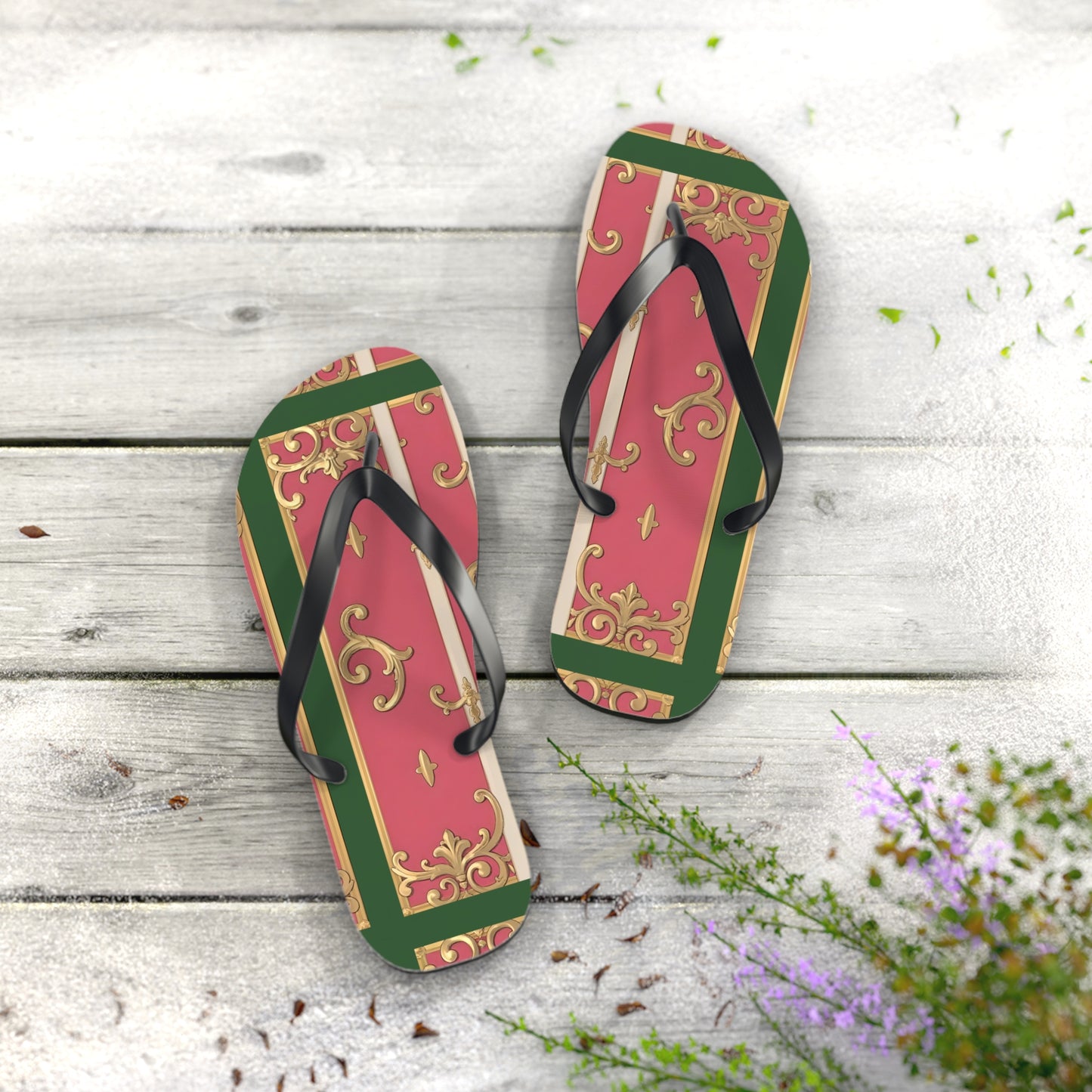 Elegant Green Border Pink Striped Baroque Flip Flops, Summer Footwear, Vacation Sandals, Beach Accessories, Stylish Thong Slippers