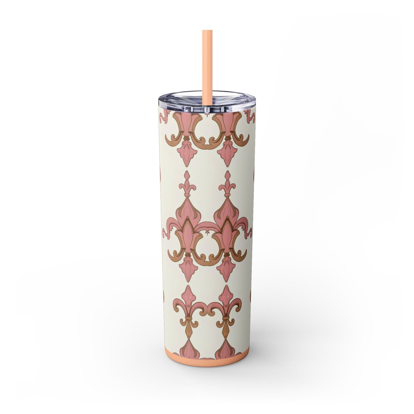 Elegant Floral Skinny Tumbler, 20oz Drinkware, Stylish Travel Mug, Wedding Gift, Personalized Gift, Eco-Friendly Cup - Brown Striped Pink Arabesque