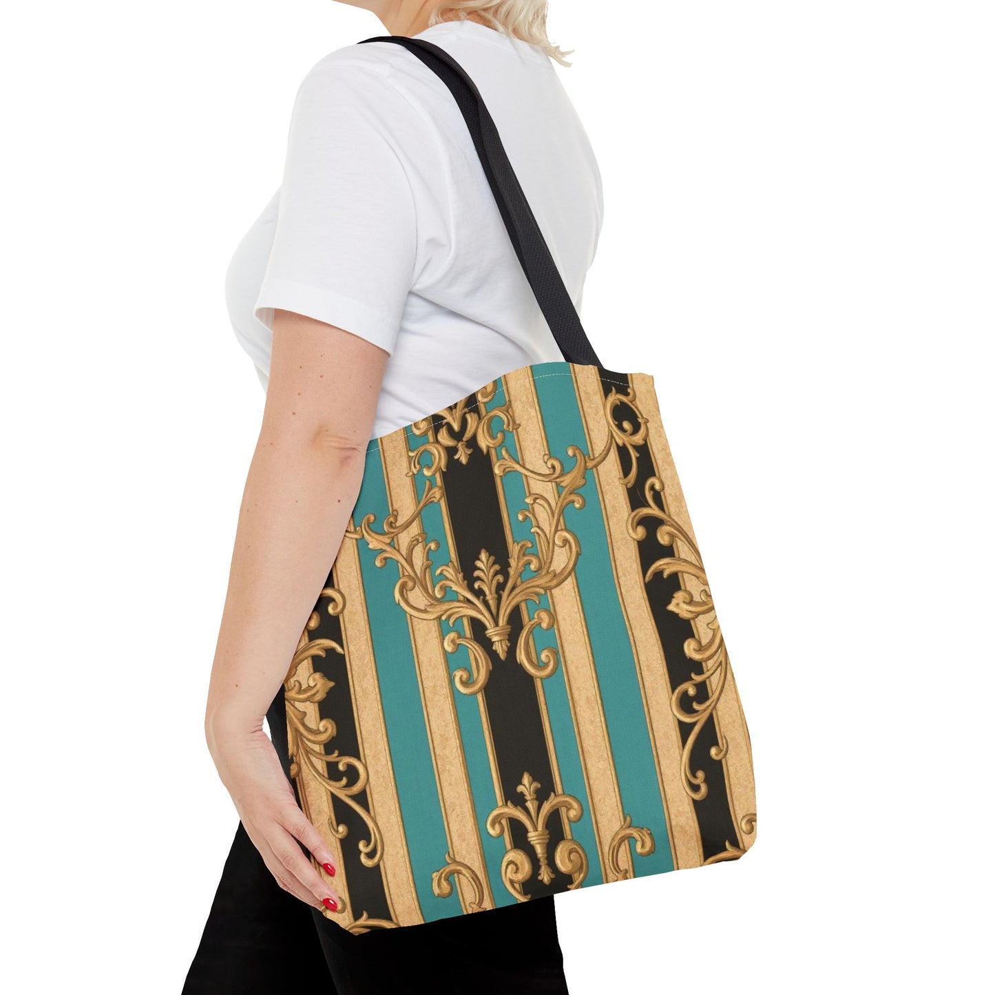 Elegant Black, Tan & Ocean Green Striped Gold Baroque Vintage Pattern Tote Bag, Stylish Carryall, Fashionable Handbag, Perfect Gift for Mother’s Day