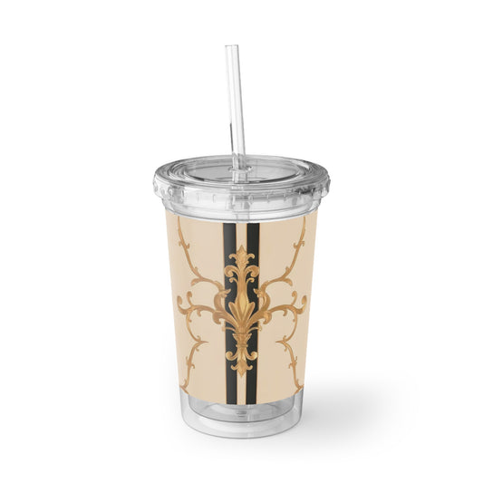 Elegant Suave Acrylic Cup, Stylish Tumblers, Personalized Drinkware, Party Glasses, Home Bar Essentials - Black & Beige Striped Damask
