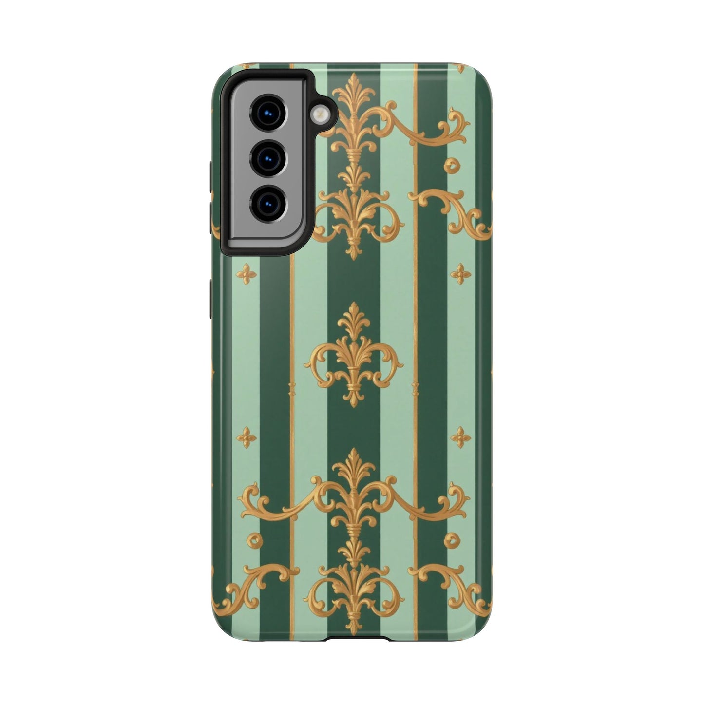 Elegant Floral Tough Phone Cases | Stylish Phone Protection, Gift for Her, Trendy Accessory, Unique Decor - Mint Green & Teal Striped Gold Baroque