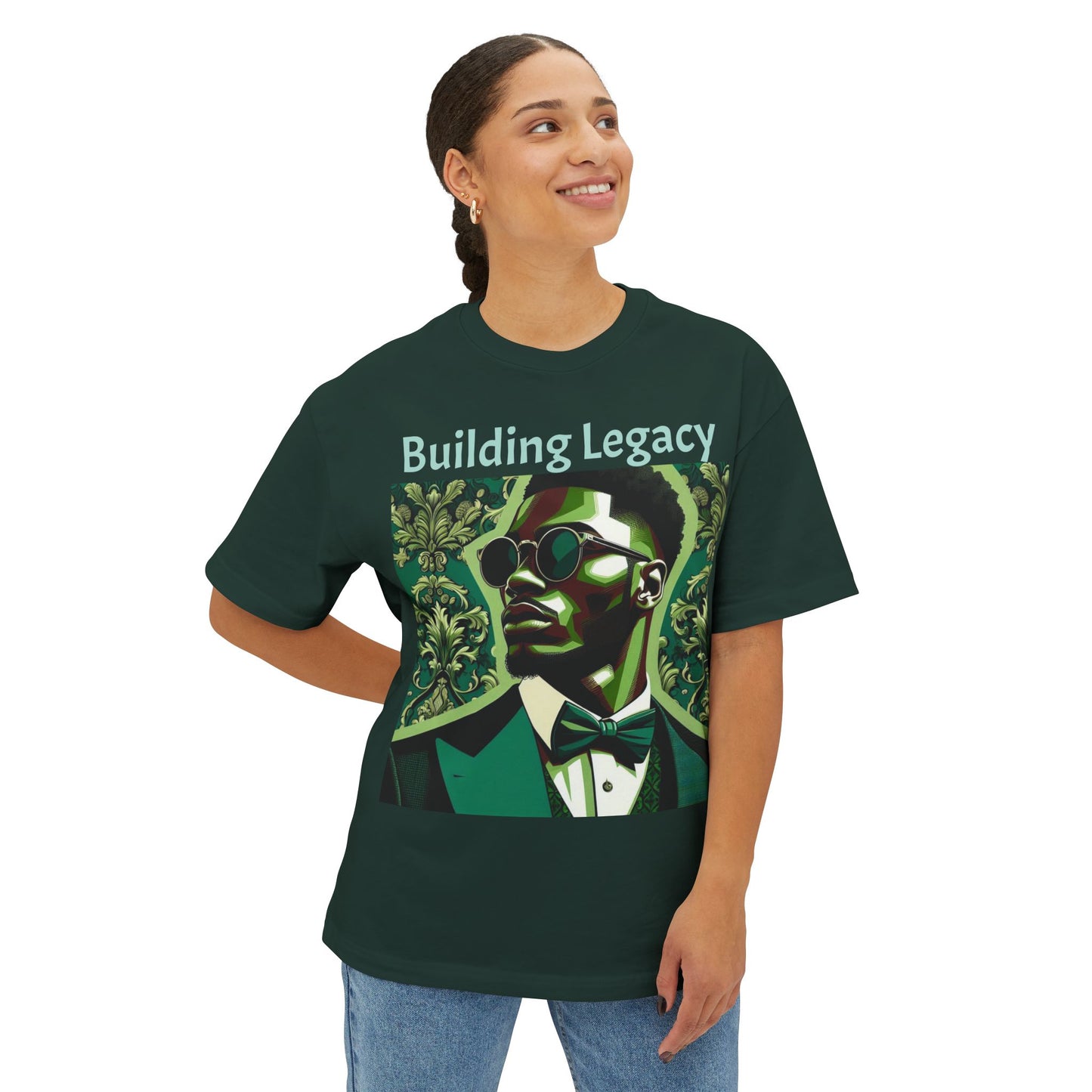 Stylish Oversized Tee, Building Legacy Graphic Tee, Unisex T-Shirt, Fashionable Casual Wear, Gift for Him/Her/Occasions - Matte Green Letters
