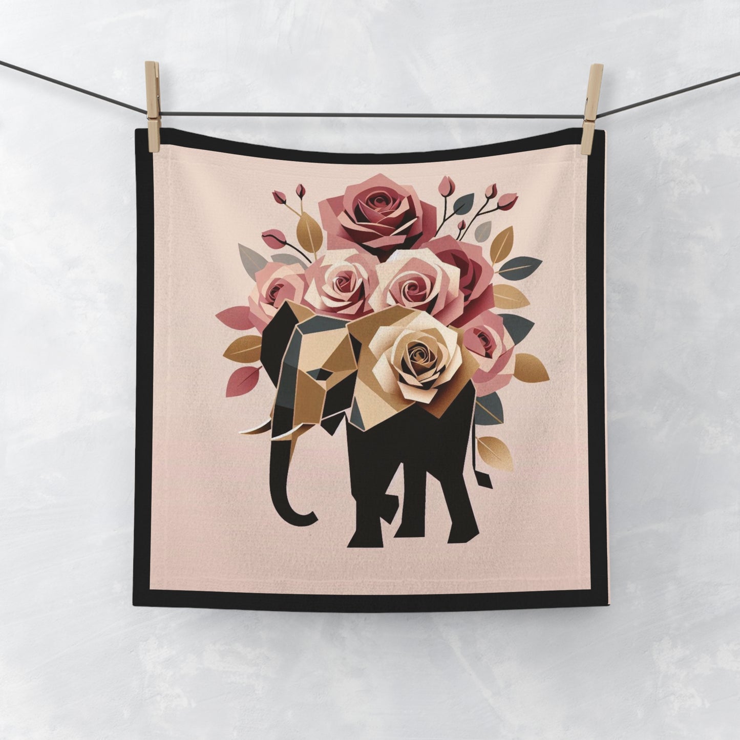 Face Towel - Floral Elephant-Inspired Softness -  Black & Gold Elephant & Roses Design