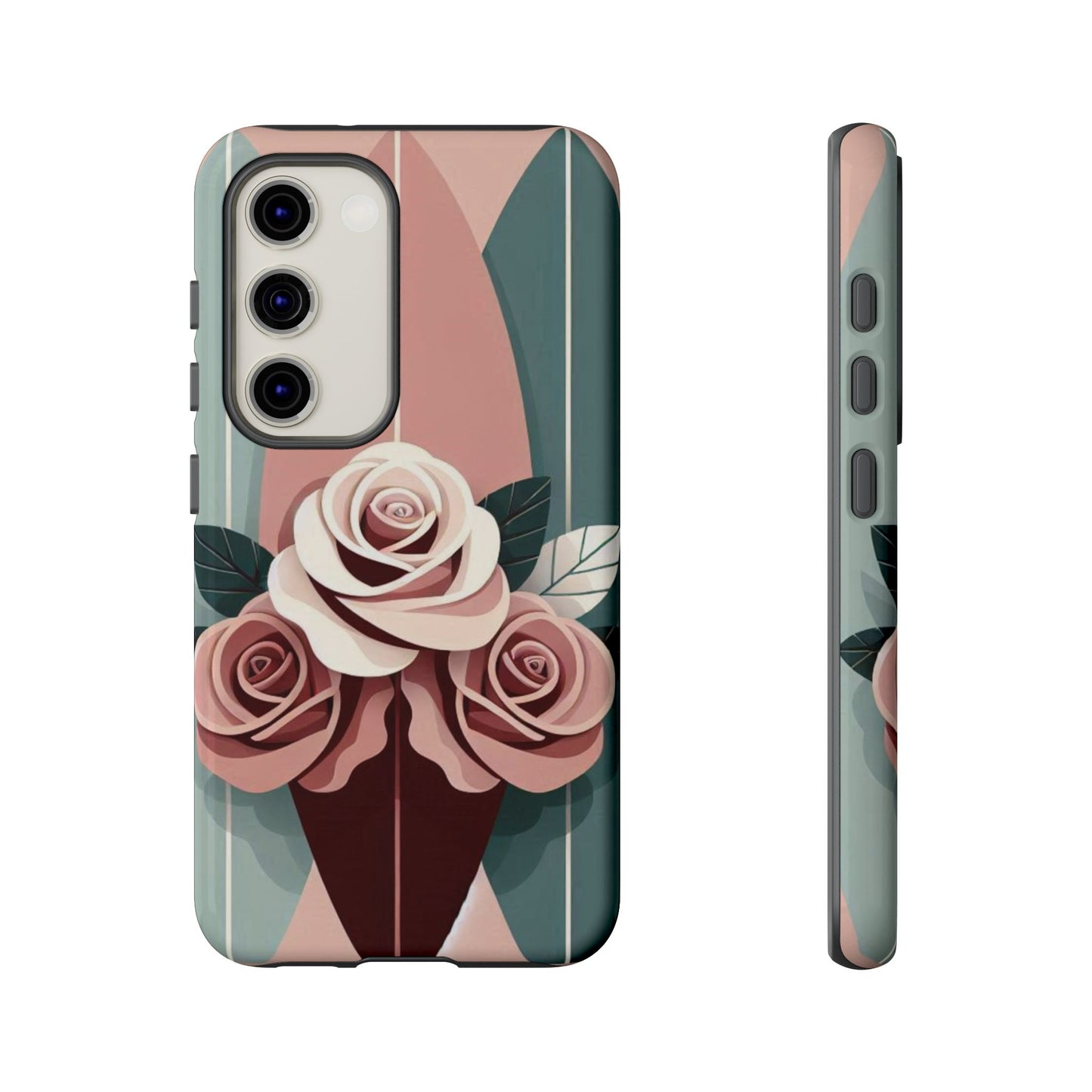 Phone Case - Burgundy, Matte Mauve & Teal Surfboard & Roses Design
