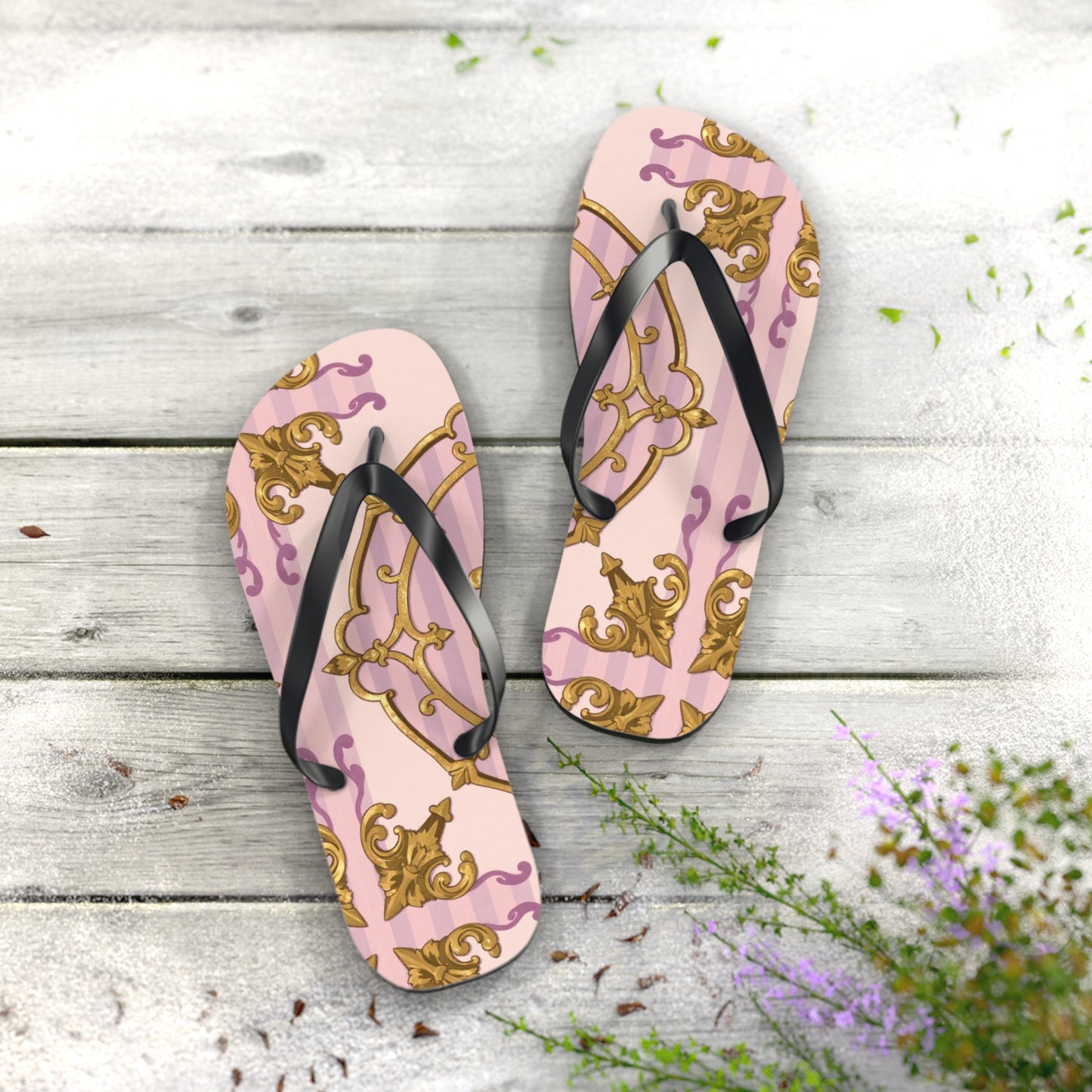 Elegant Lavender & Alabaster Striped Gold Baroque Flip Flops - Perfect for Summer Days, Beach Trips, Pool Parties, Vacation, and Relaxing at Home