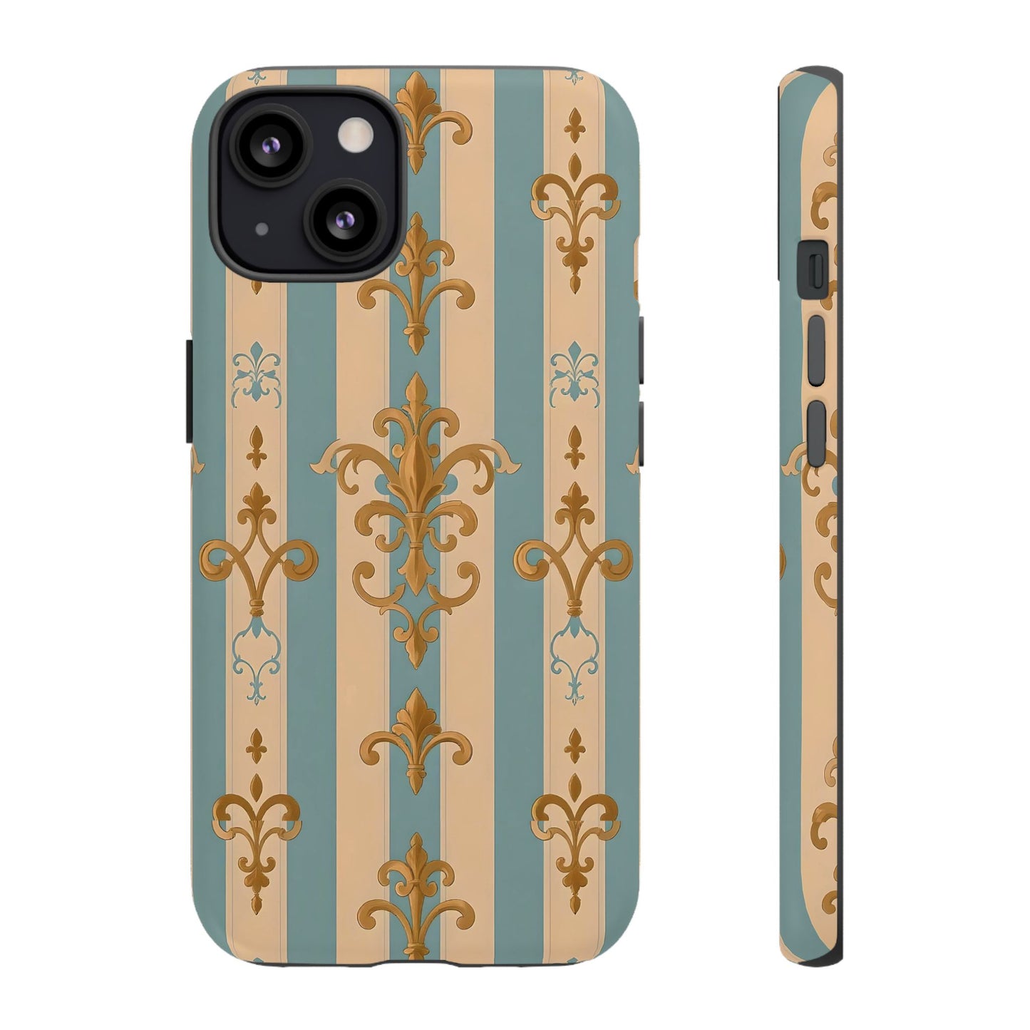 Elegant Floral Motif Phone Case - Tough Cases with Vintage Design -  Beige & Sky Blue Striped Gold Damask