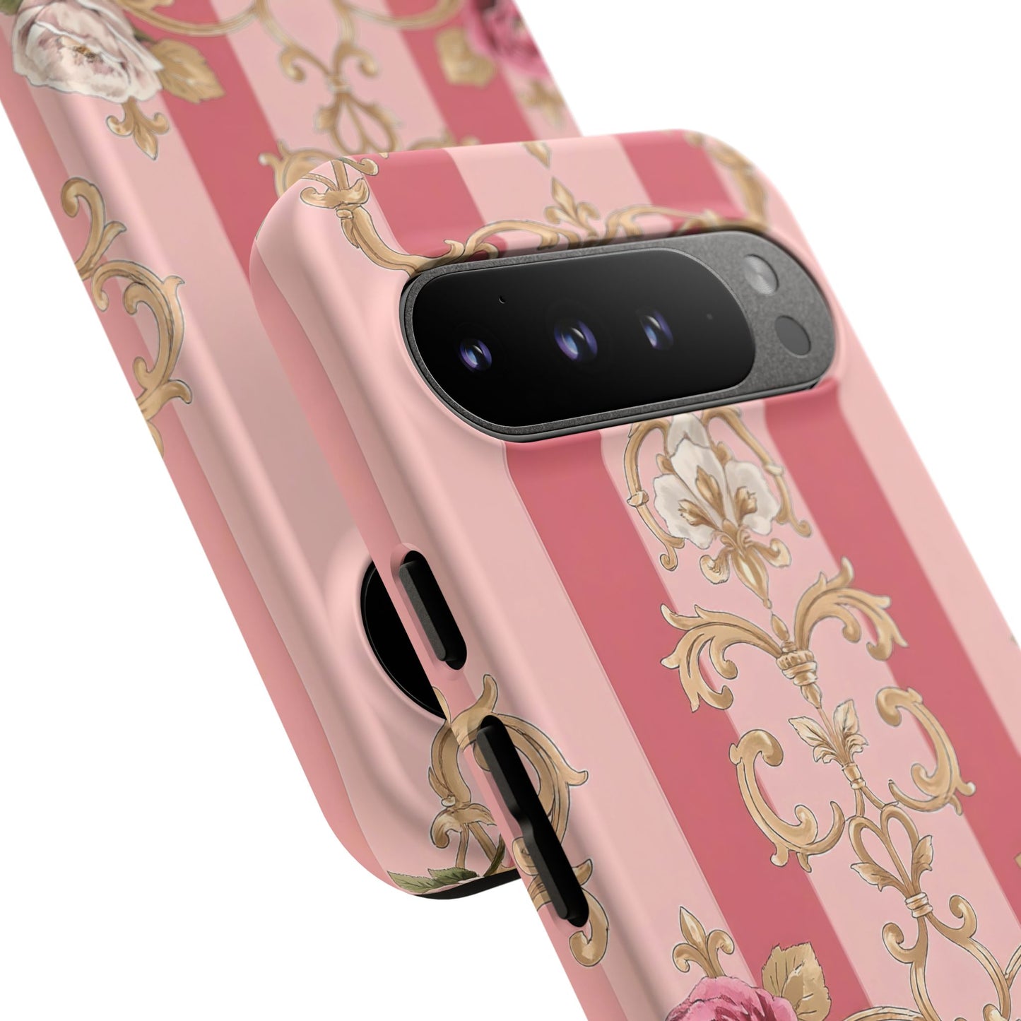 Elegant Floral Motif Phone Case - Tough Cases with Vintage Design - Pink Striped Roses & Damask