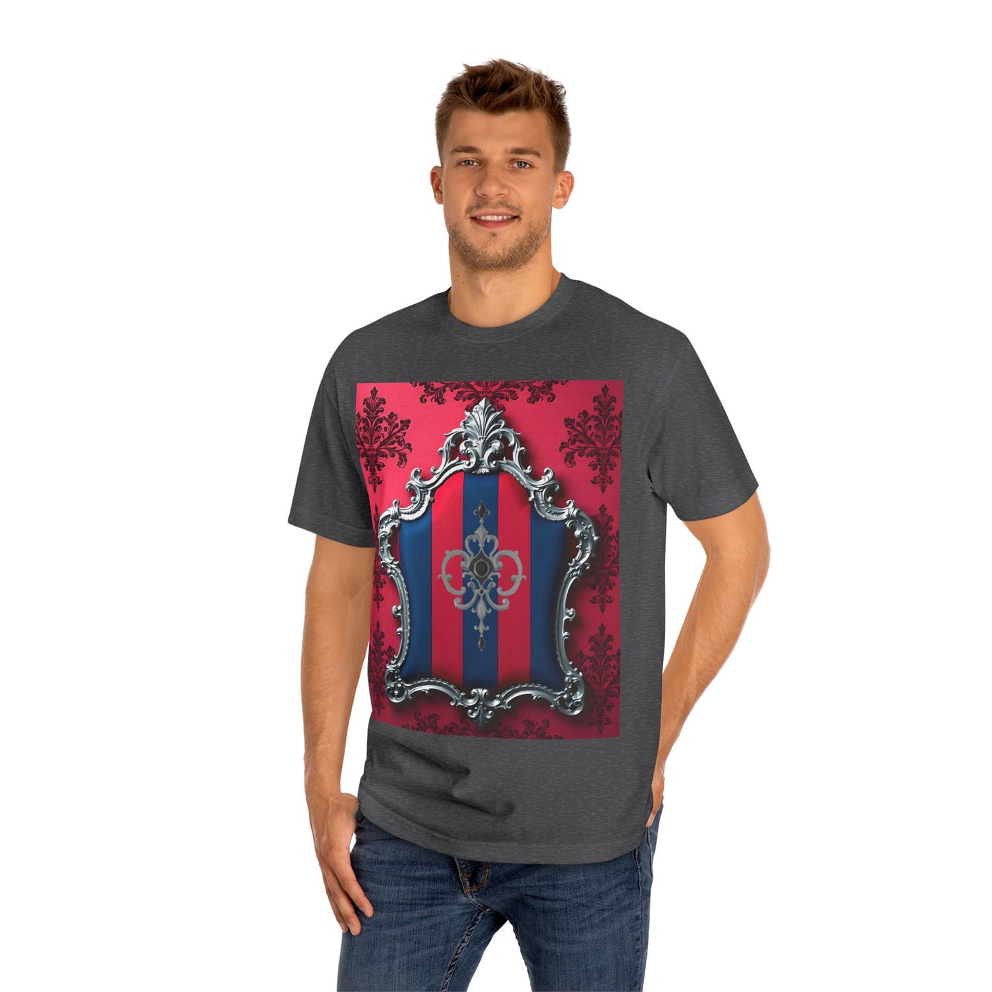 Vintage Couture Shield Unisex Classic Tee, Fashion T-Shirt, Gift for Fashion Lovers, Casual Wear, Unique Graphic Shirt - Blue & Red Striped Silver Crest