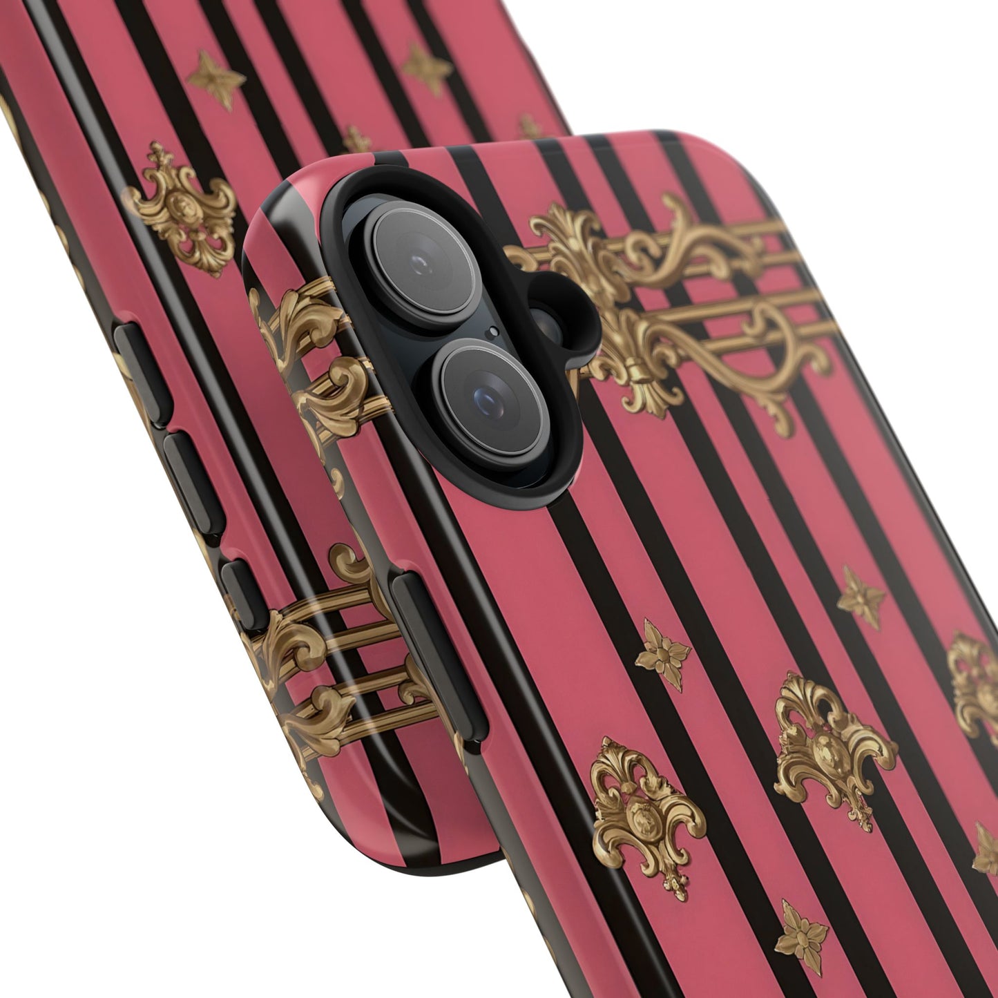 Elegant Floral Phone Cases, Stylish Protective Case for Trendy Individuals, Unique Gift for Tech Lovers, Phone Accessories - Pink Striped Gold Rococo