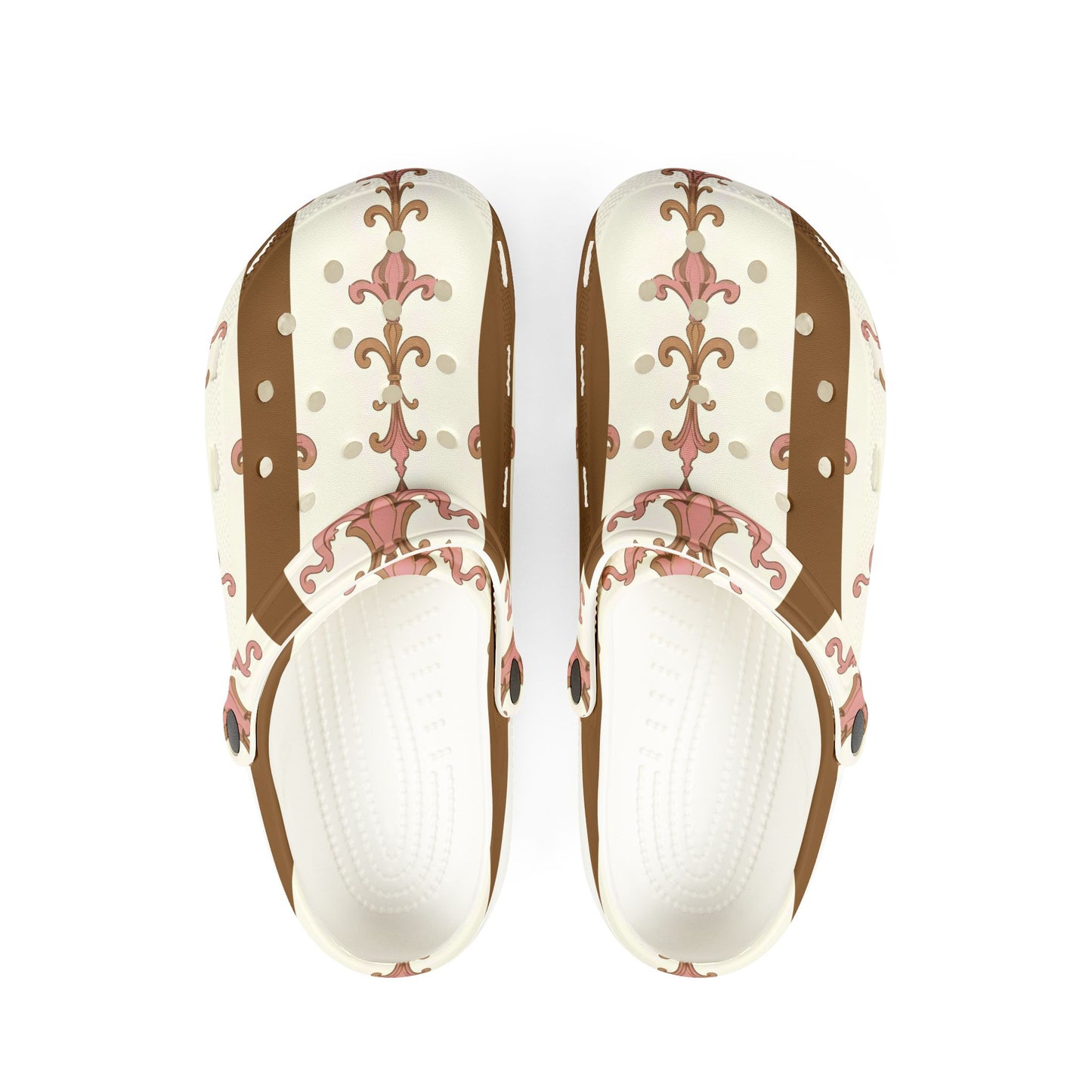 Stylish EVA Foam Rubber Clogs, Trendy Slip-On Shoes, Comfortable Footwear, Unique Patterned Clogs, Everyday Wear - Brown Striped Pink Arabesque